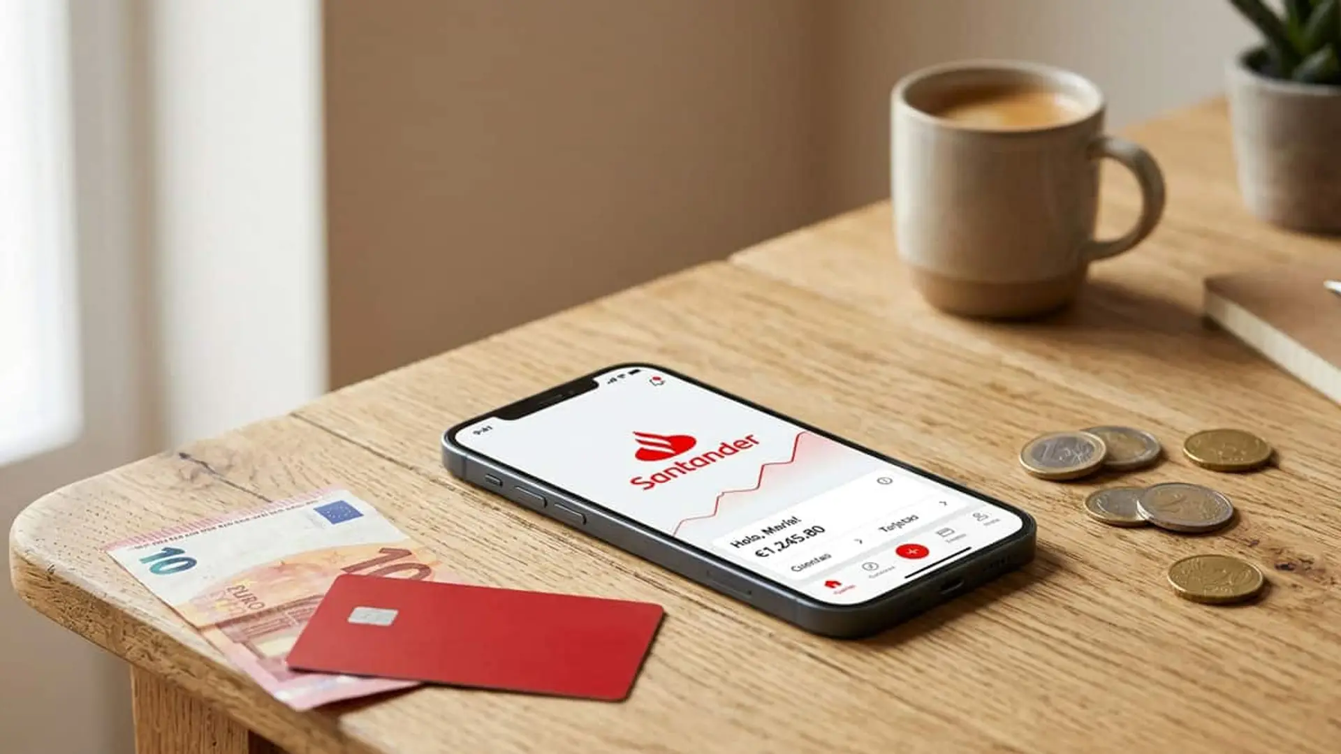 Móvil con la aplicación de Santander junto a una tarjeta roja, billetes y monedas sobre una mesa