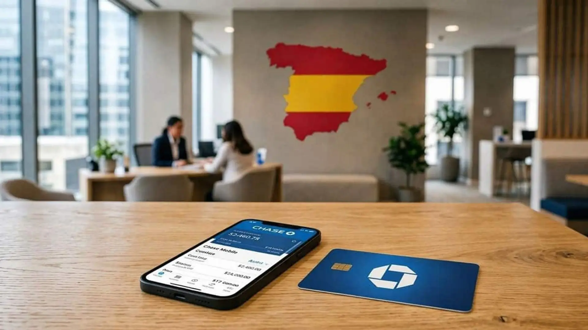 Móvil y tarjeta de Chase sobre una mesa en una oficina, con un mapa de España al fondo y dos personas desenfocadas al fondo