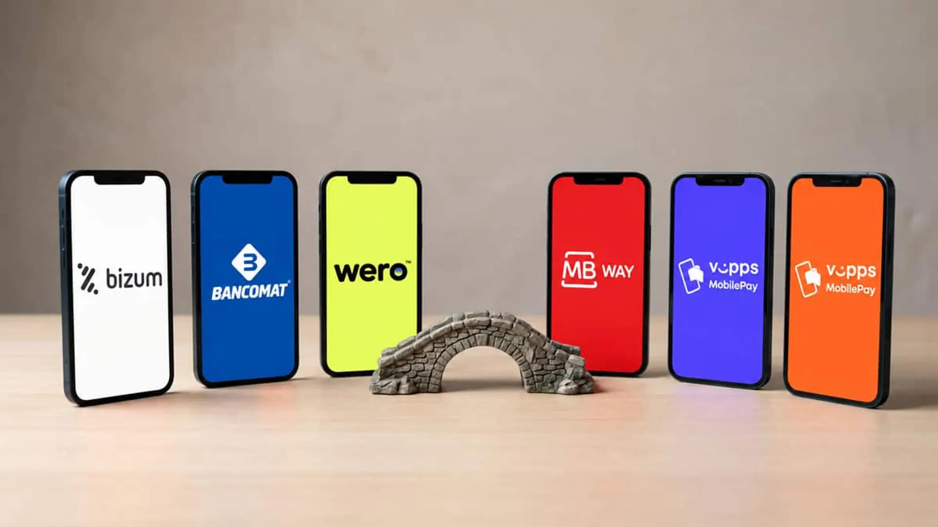 Móviles con los logos de Bizum, Bancomat, Wero, MB Way y Vipps MobilePay separados por un pequeño puente de piedra