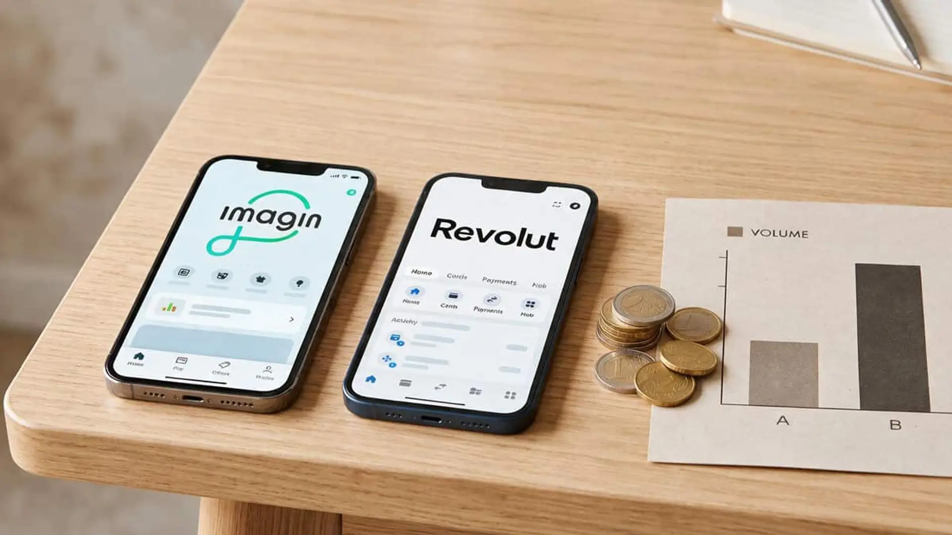 Imagin multiplica por 3,5 el ahorro en depósitos de Revolut con casi dos millones de clientes menos Dos móviles con las aplicaciones de imagin y Revolut junto a monedas y un gráfico de barras sobre una mesa