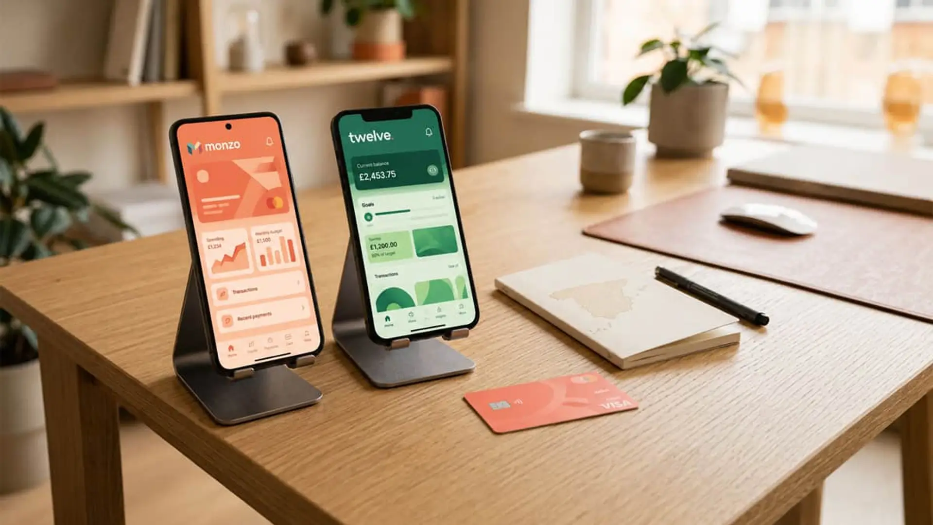 Dos móviles con las apps de Monzo y Twelve sobre una mesa de madera junto a una tarjeta bancaria.