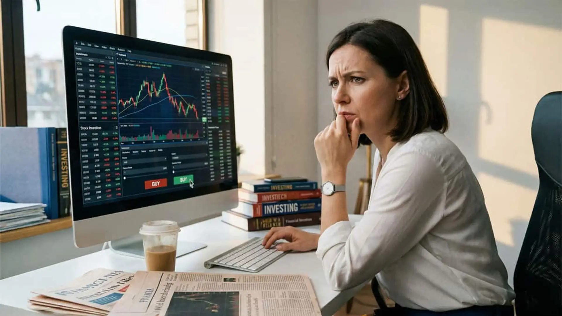 ¿Estás pensando en invertir? No lo hagas sin cumplir primero estas 5 reglas de oro Mujer analizando la caída del mercado bursátil en su ordenador con gráficos de acciones y datos financieros.