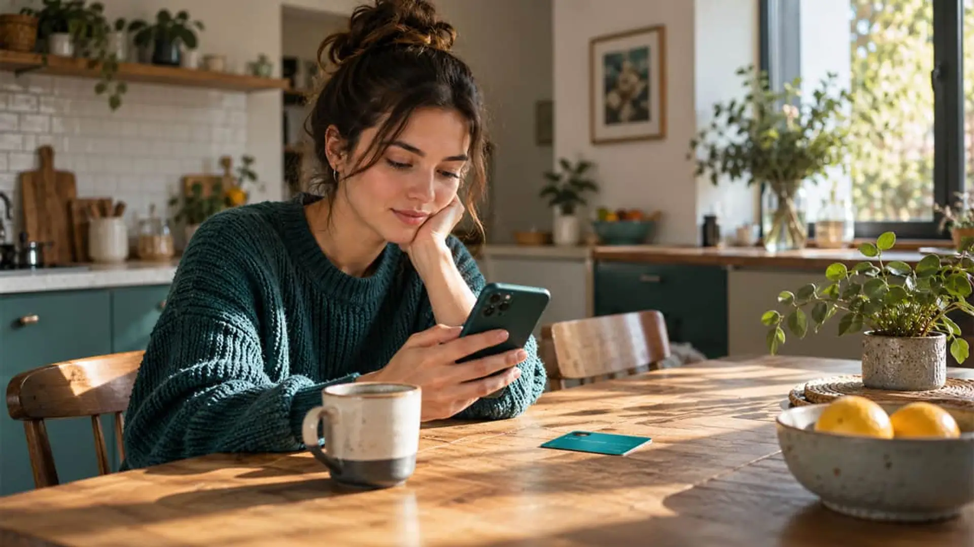 Monzo ofrece 25€ a sus primeros 20.000 clientes: ¿compensa más que el cashback de imagin o N26? Persona revisando una aplicación bancaria en el móvil junto a una tarjeta de débito sobre la mesa de la cocina.