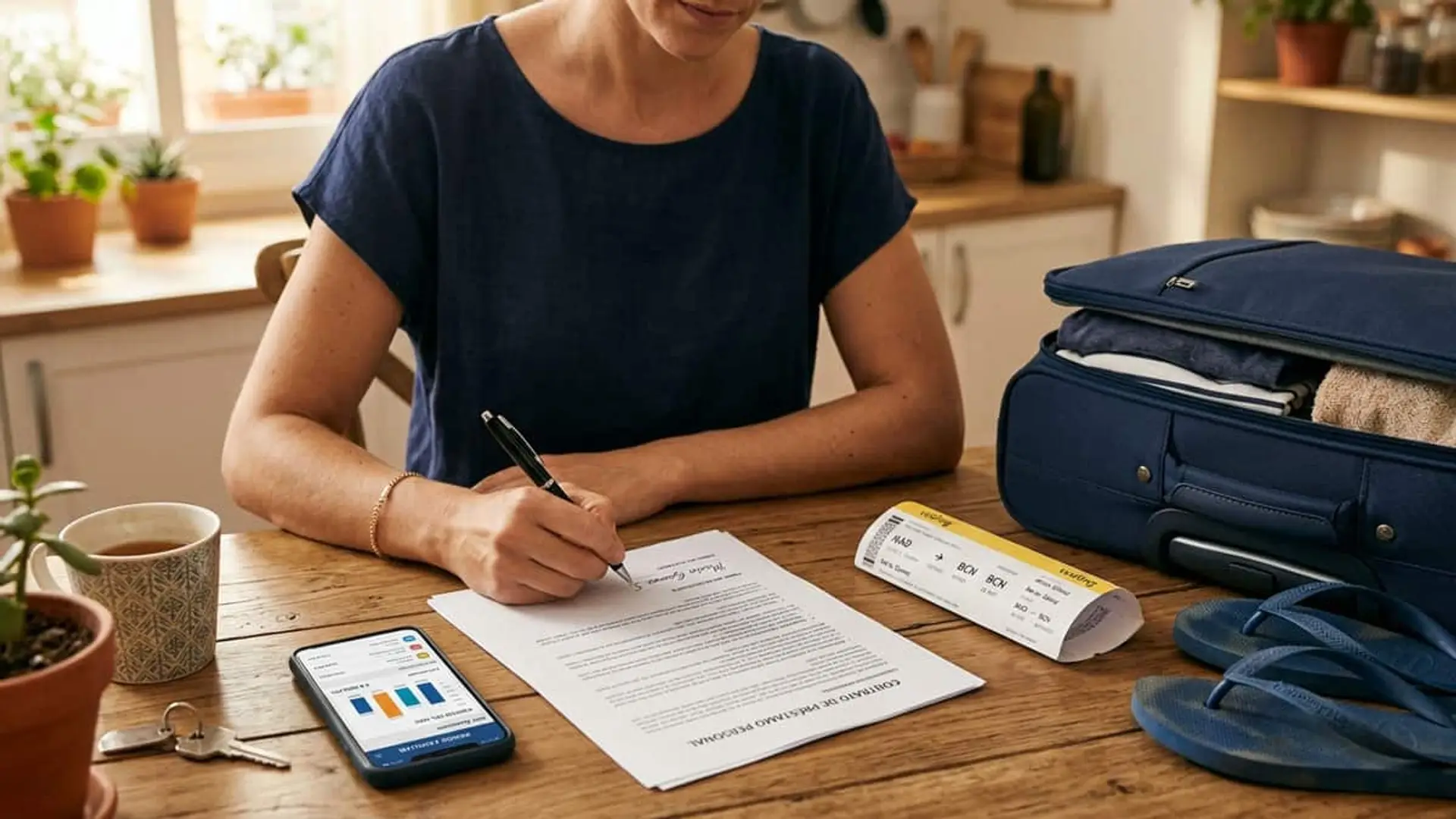 El crédito al consumo toca máximos de 20 años: España pide 16.762 millones Mujer firmando un contrato junto a una maleta abierta, un billete de avión y un teléfono móvil