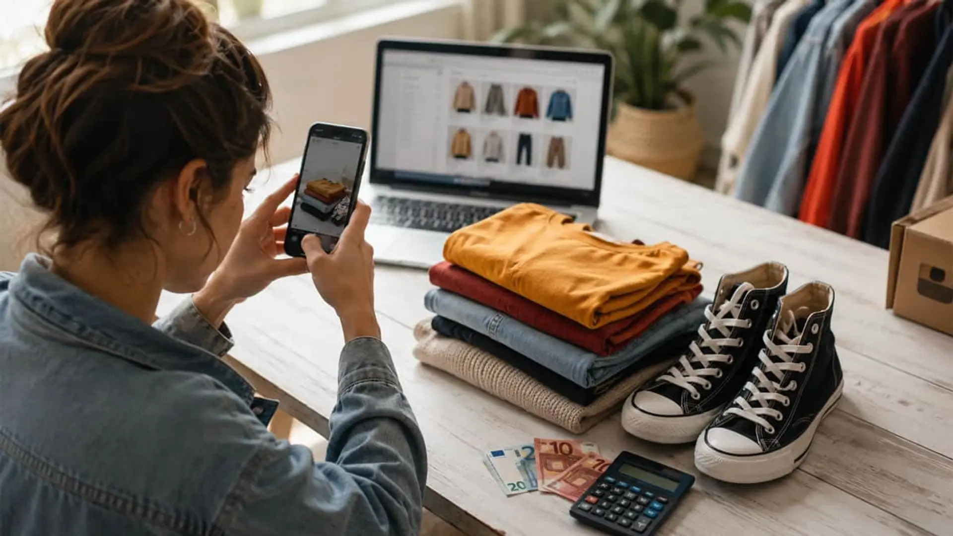 Mujer fotografiando ropa doblada con smartphone para vender en tienda online de segunda mano, con zapatillas y billetes de euro