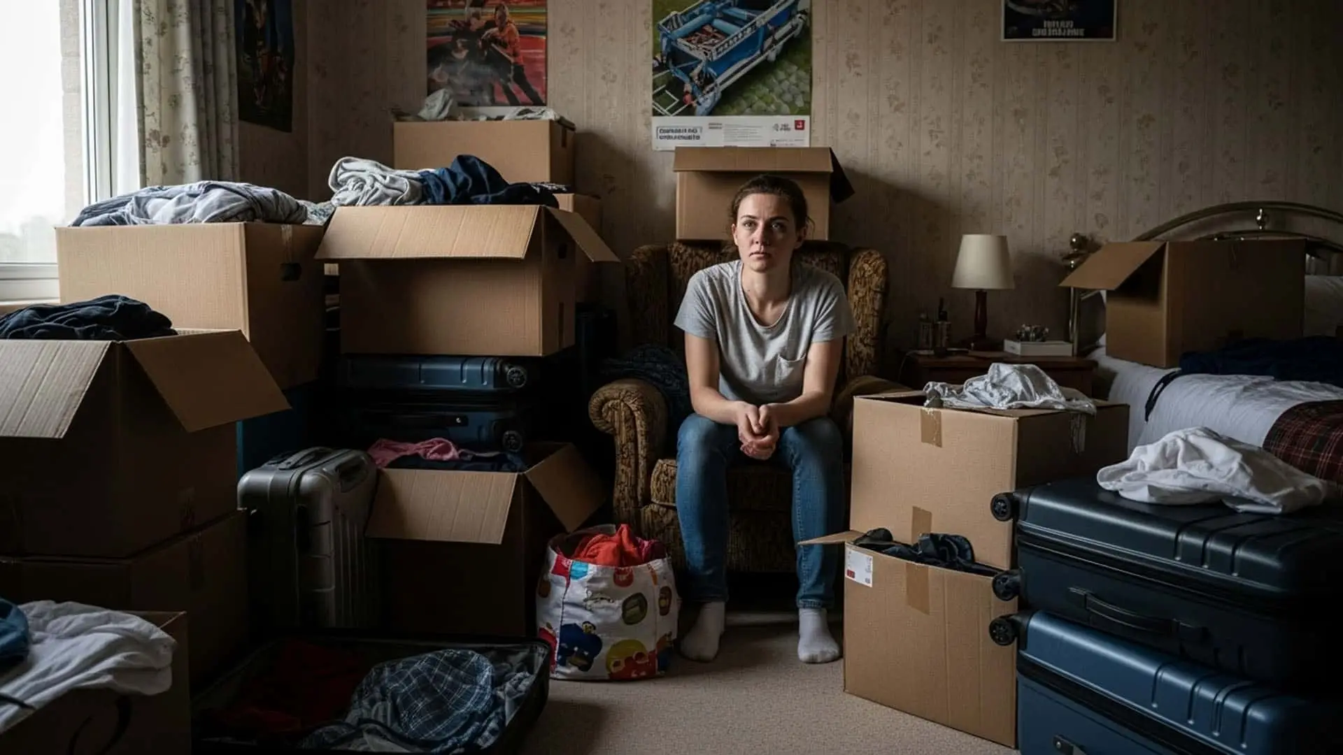 Mujer agobiada en una habitación llena de cajas y maletas, afrontando la dificultad de una mudanza o emancipación.