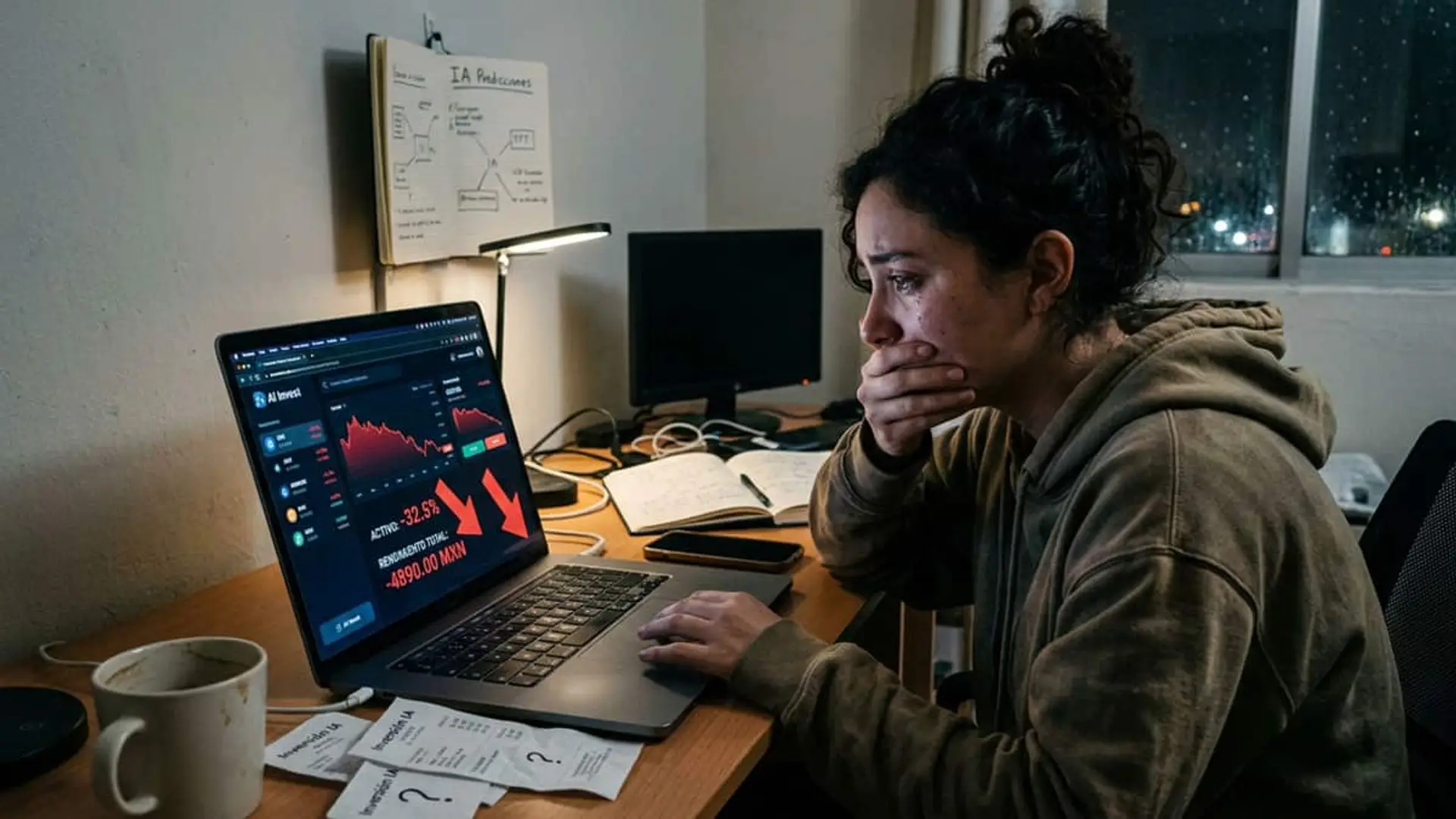 Mujer preocupada sentada frente a un ordenador portátil con un gráfico de inversiones en la pantalla