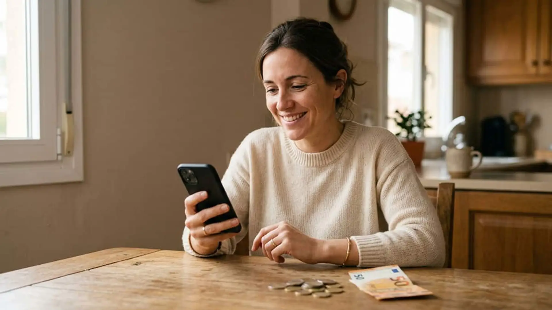 Mujer sonriendo mientras mira el móvil sentada en una mesa de cocina, con monedas y un billete de 50 euros en primer plano