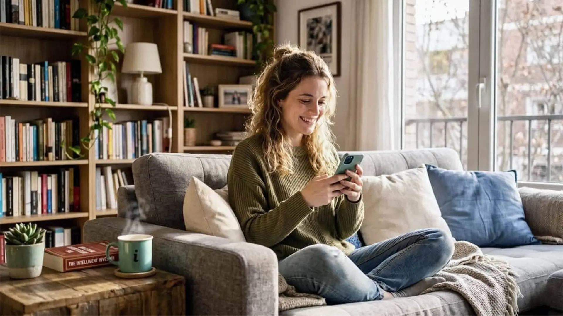 ETFs para principiantes en 2026: qué son, cuánto cuestan y qué riesgos debes conocer Mujer sonriendo usa el móvil en el sofá de casa junto a libros y plantas