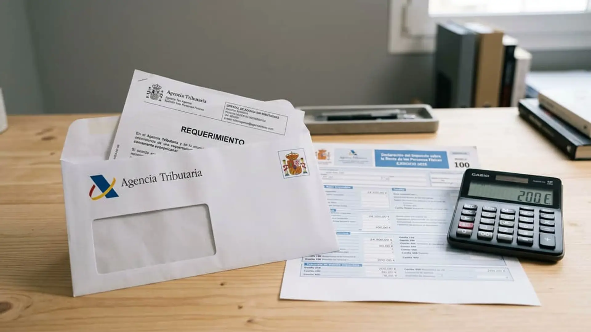 Sobre de Agencia Tributaria, requerimiento y modelo 100 con calculadora para multa por renta fuera de plazo
