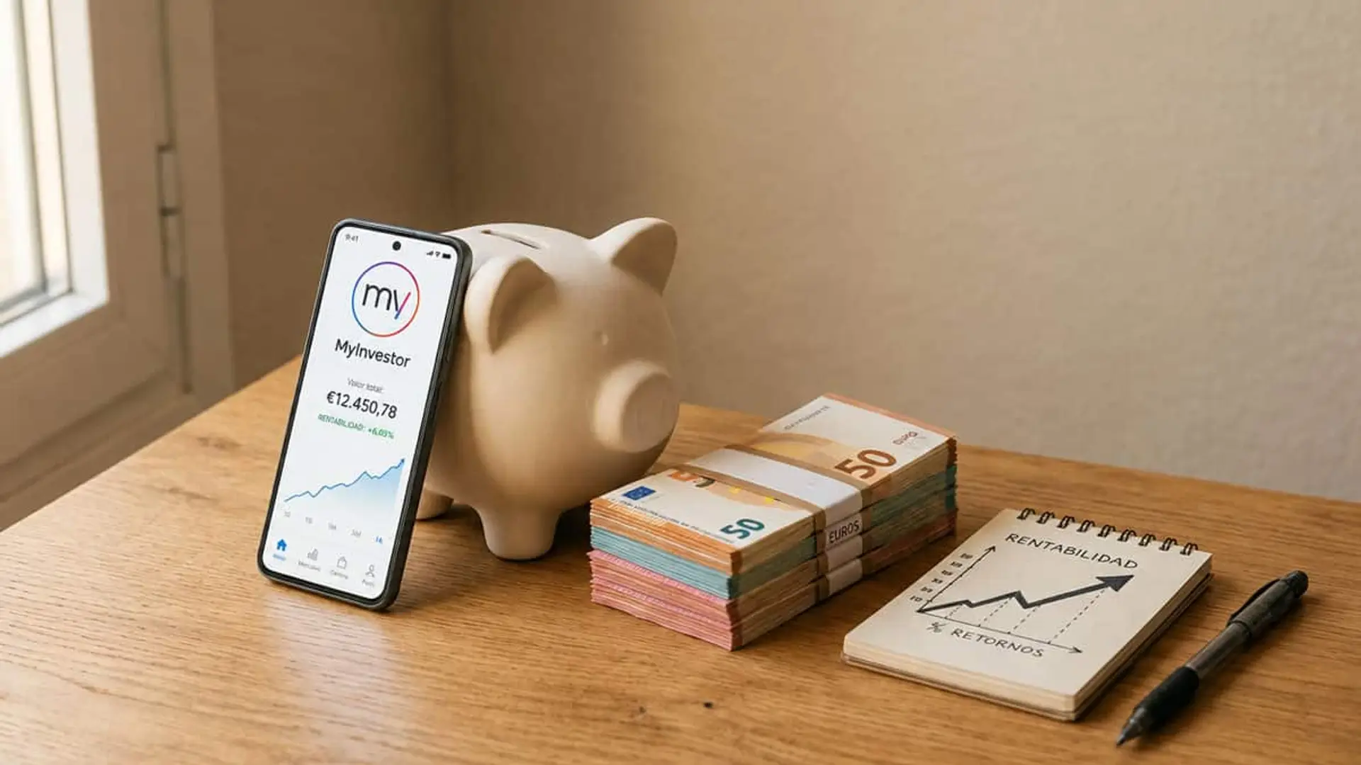 Móvil con la app de MyInvestor junto a una hucha, fajos de billetes de 50 euros y una libreta con un gráfico de rentabilidad