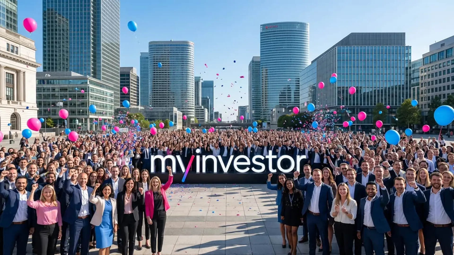 Clientes de MyInvestor celebrando éxito empresarial con globos y confeti en plaza de negocios.