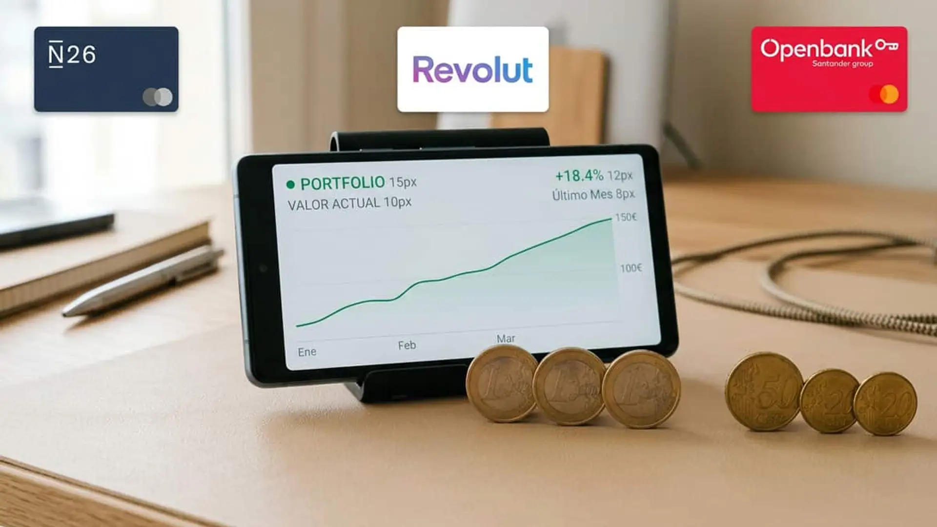 Logos de N26, Revolut y Openbank junto a un gráfico de inversión y varias monedas de euro