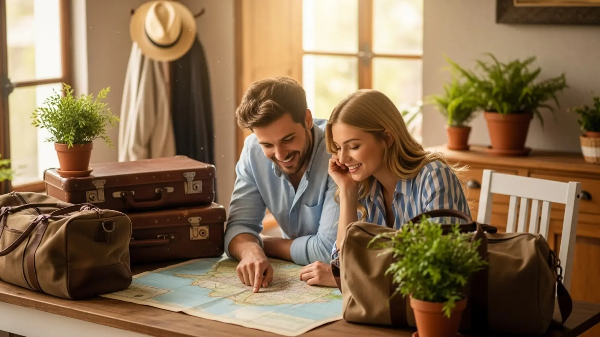 Pareja sonriente planificando un viaje con un mapa en casa, rodeados de maletas y bolsas de viaje.
