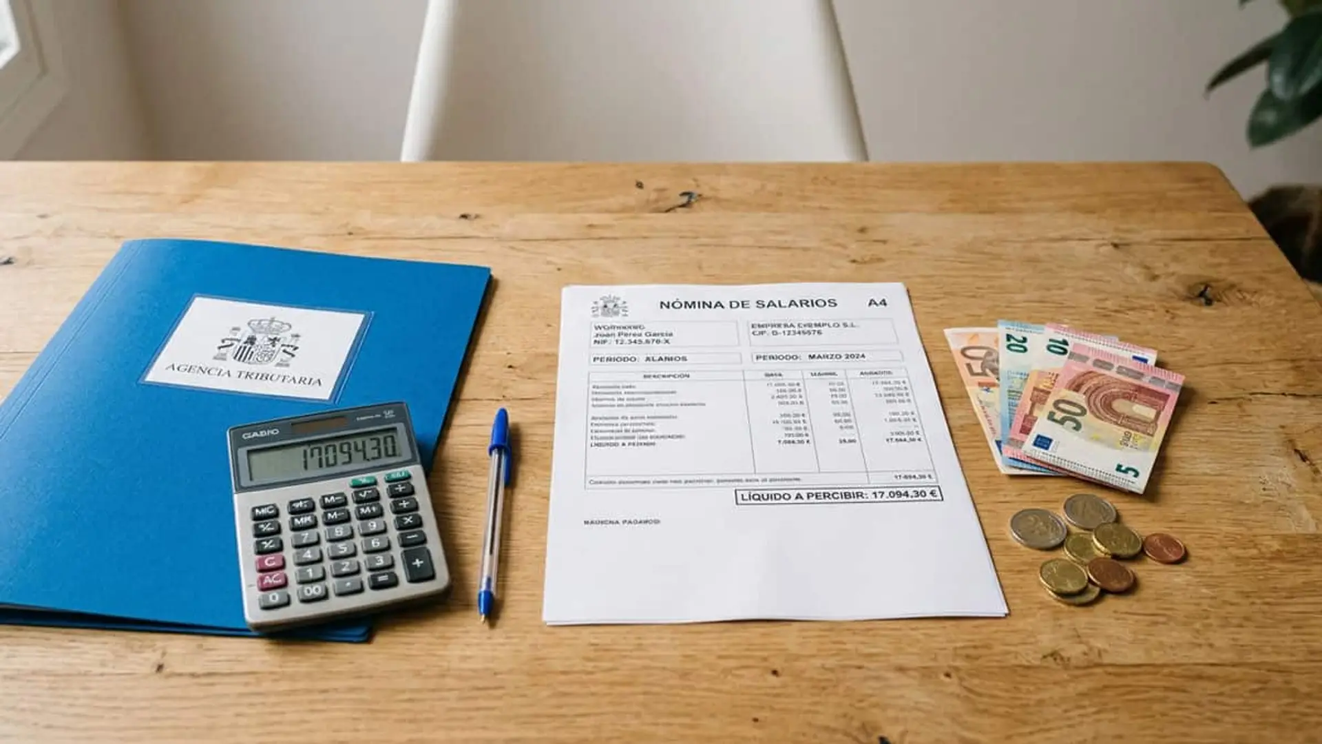 Nómina de salario sobre una mesa de madera, junto a una carpeta de la Agencia Tributaria, una calculadora y billetes de euros.