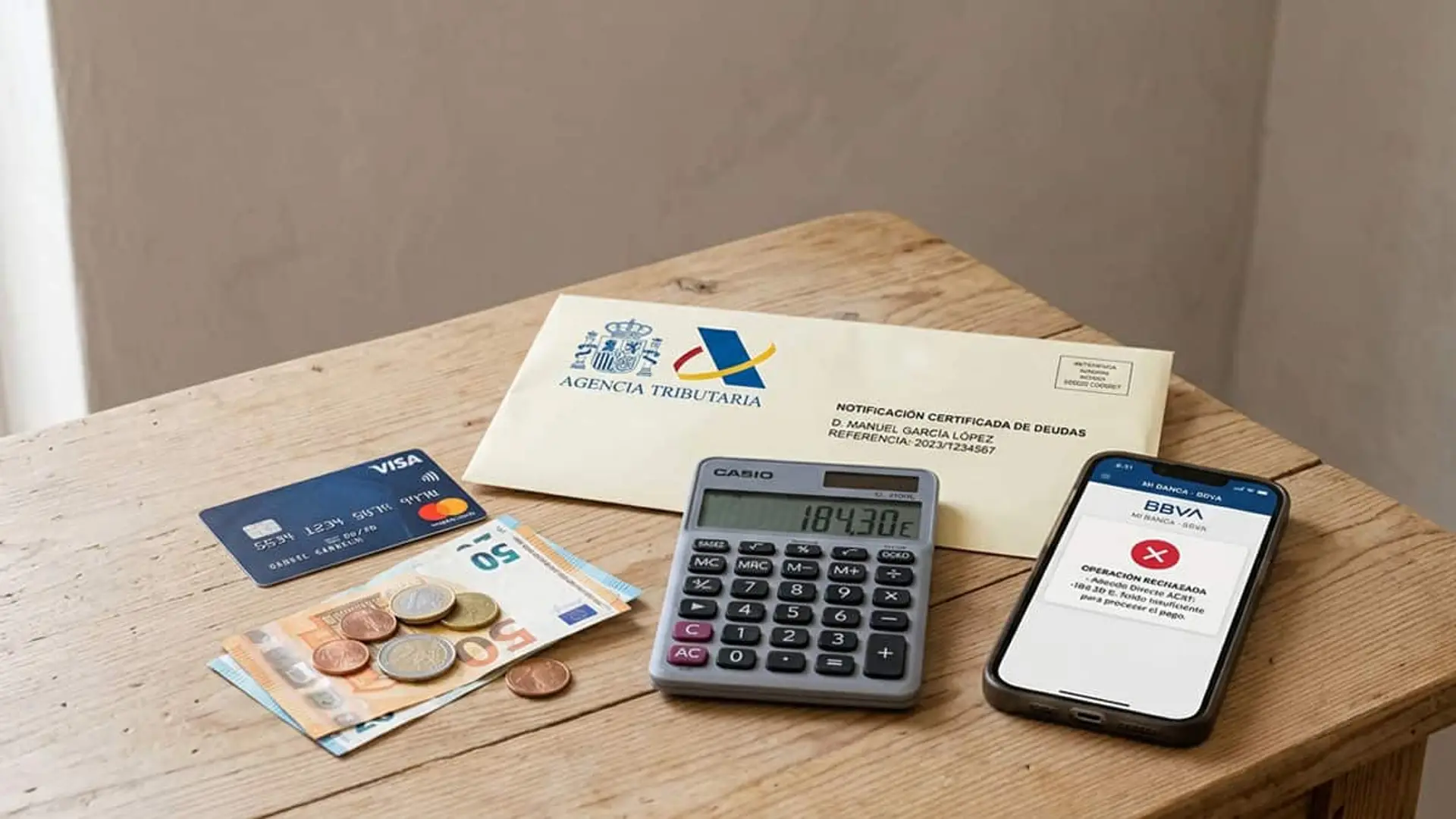 Qué pasa si el banco rechaza el cobro de la Renta: así suben los recargos hasta el 20% Notificación de la Agencia Tributaria sobre una mesa junto a una calculadora, billetes, monedas, una tarjeta bancaria y un móvil con una operación rechazada
