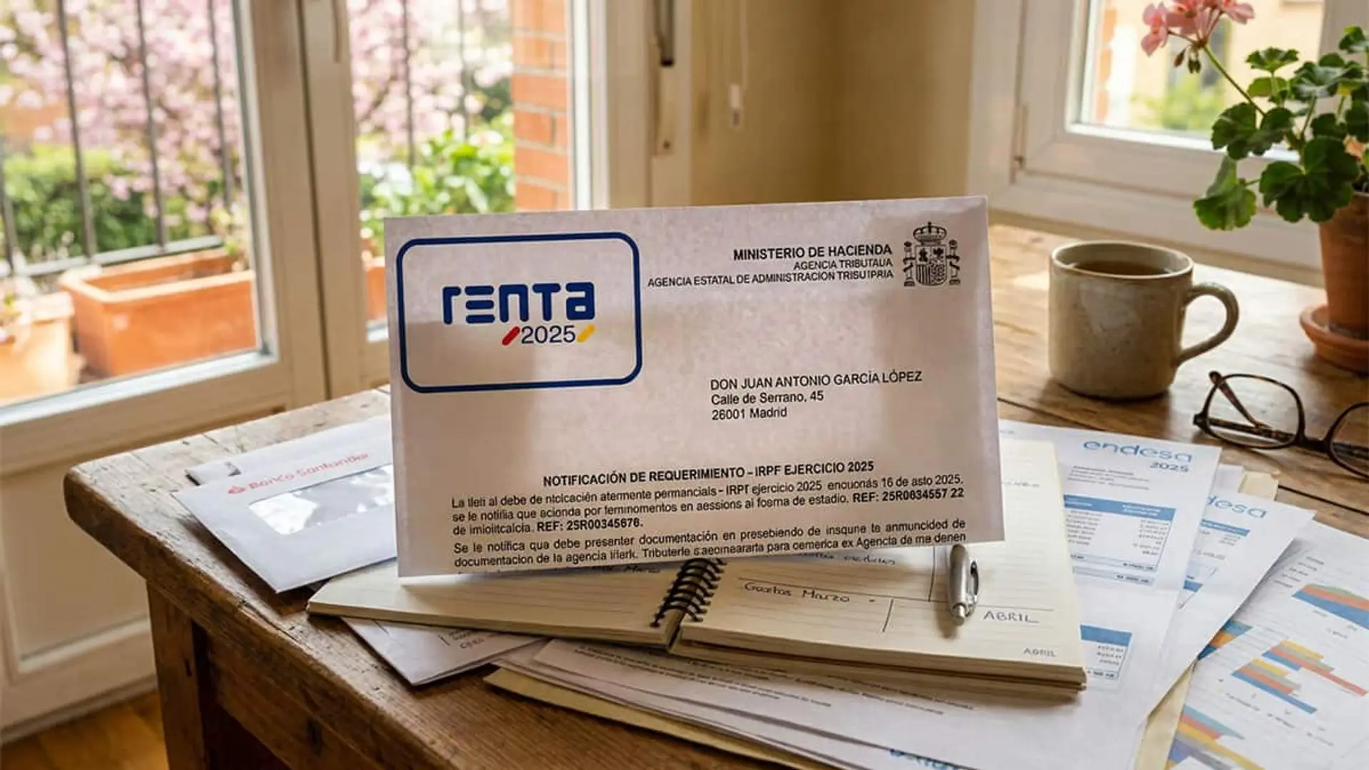 Notificación de Renta 2025 sobre una mesa con facturas, una libreta, un bolígrafo y una taza
