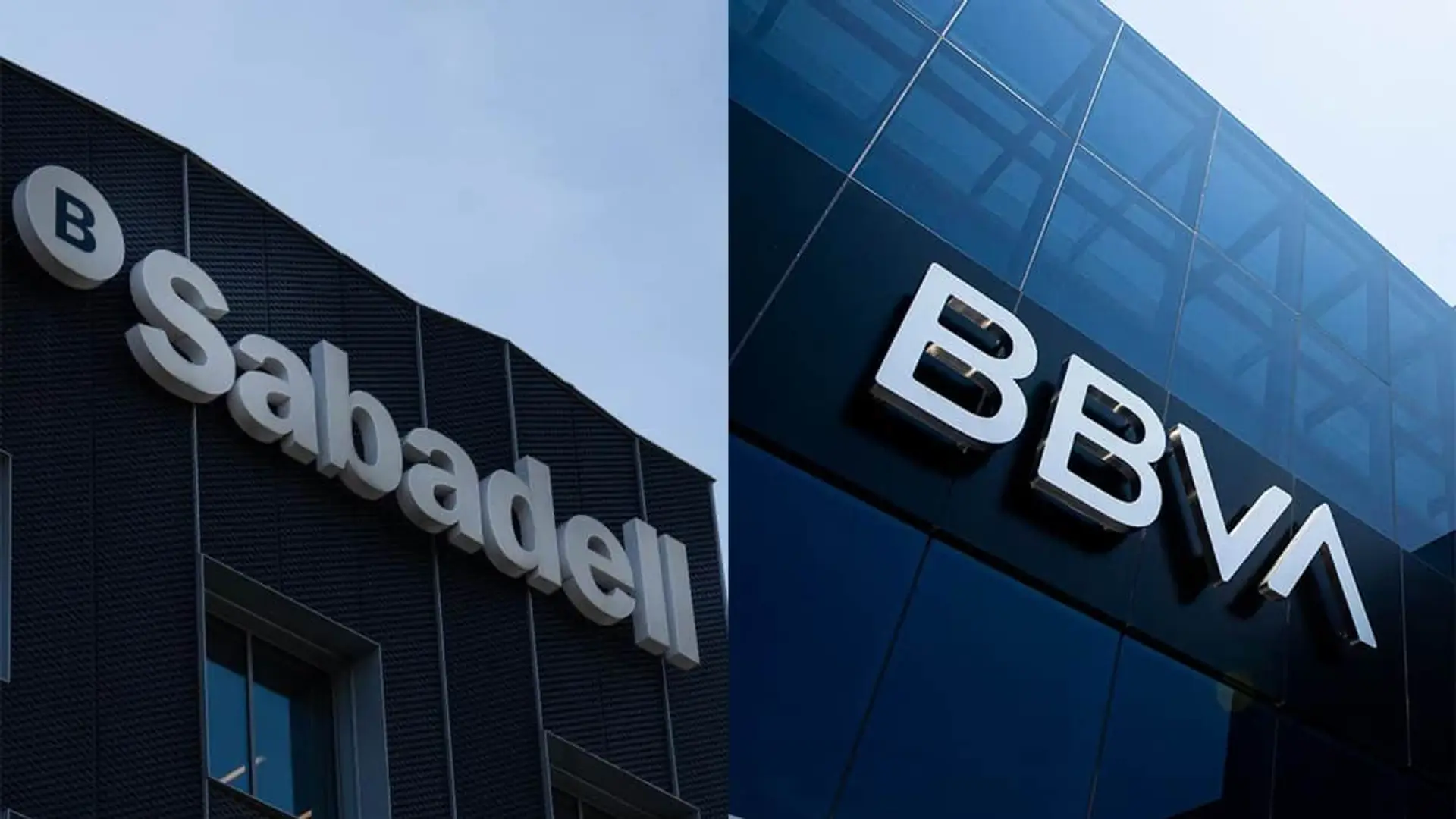 Fracaso de la OPA BBVA-Sabadell: el sector bancaseguros respira aliviado y mantiene sus alianzas Fachadas de los edificios del Banco Sabadell y del BBVA con sus logotipos visibles.