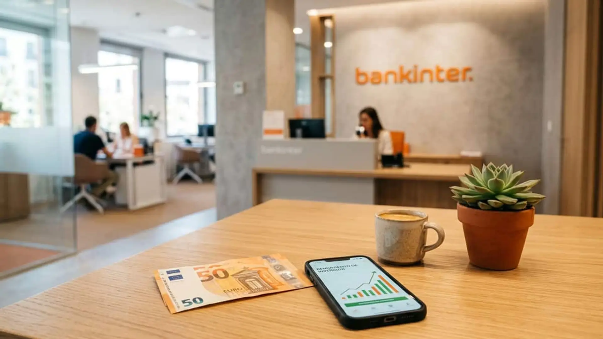 Mesa en una oficina de Bankinter con un móvil mostrando un gráfico ascendente y varios billetes de 50 euros