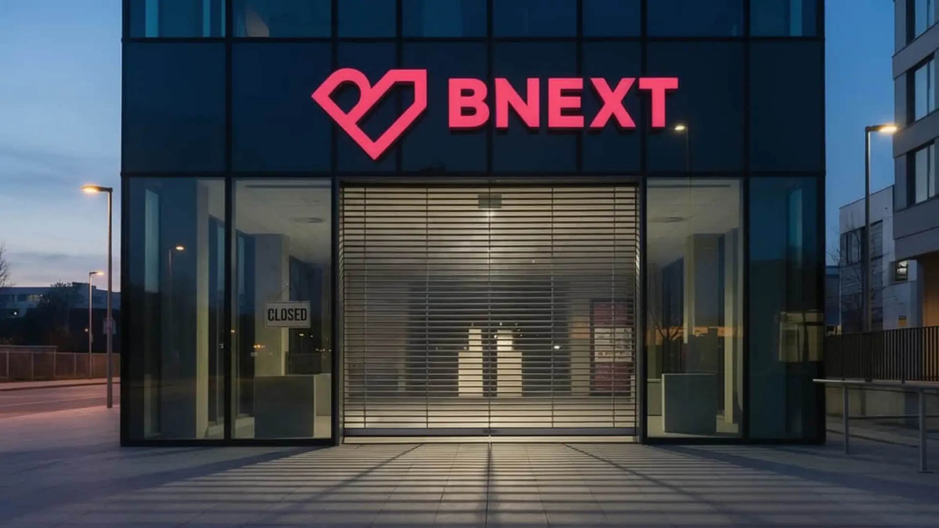 Fachada de la oficina de Bnext con persiana bajada y cartel de cerrado para representar el fin de sus servicios.