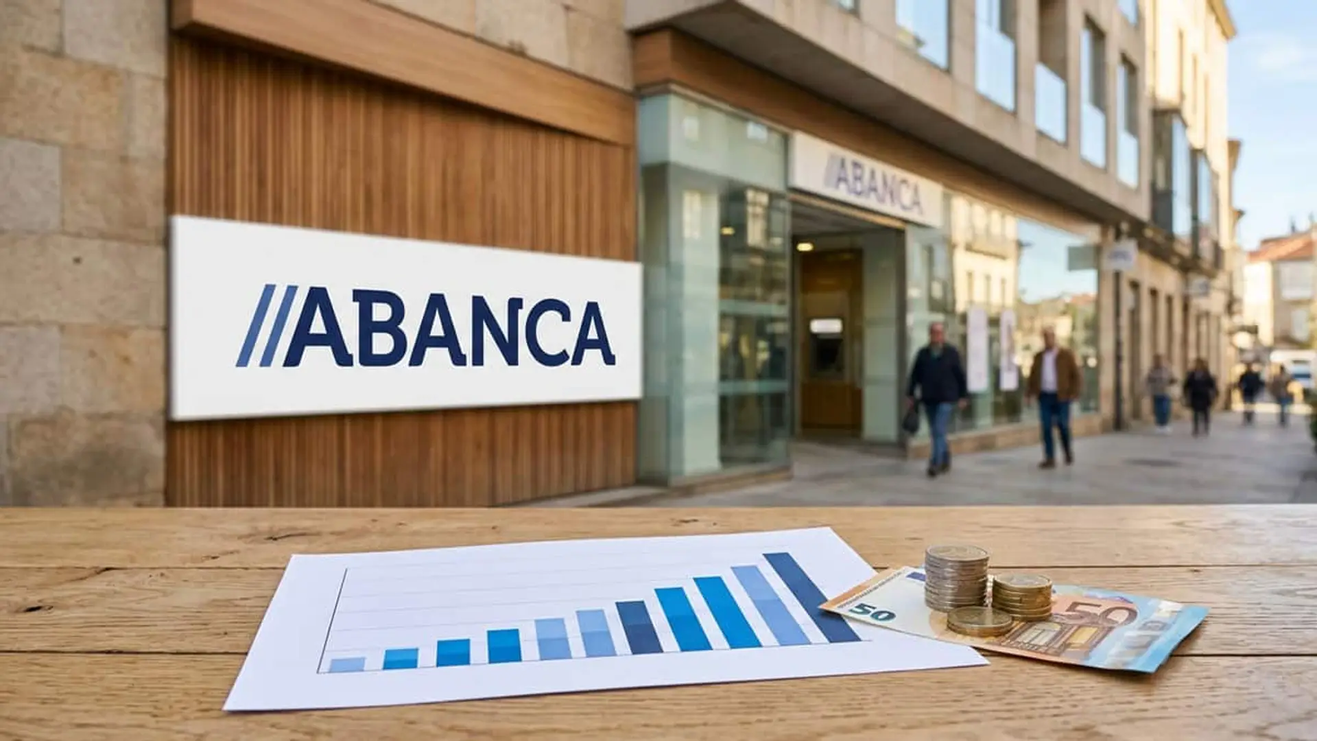 Abanca bate récord de negocio con 145.000 millones pese a ganar un 9,6% menos Oficina de Abanca junto a un gráfico de barras ascendente, billetes y monedas de euro sobre una mesa