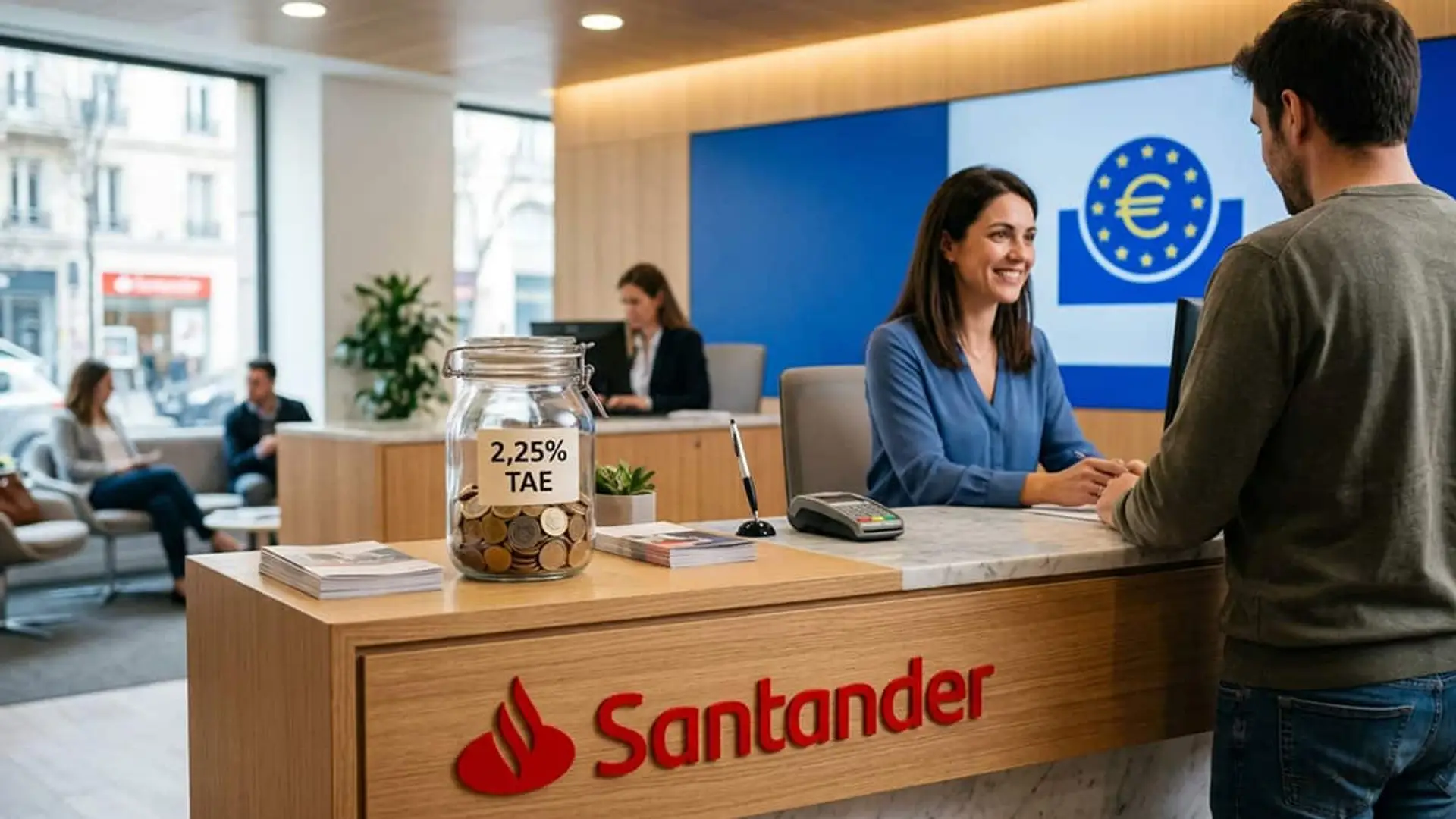 Los depósitos de Santander ya rinden más del 2% TAE desde 15.000 euros: así quedan las nuevas condiciones Mostrador de una oficina de Santander con un tarro de monedas que indica 2,25% TAE y una empleada atendiendo a un cliente
