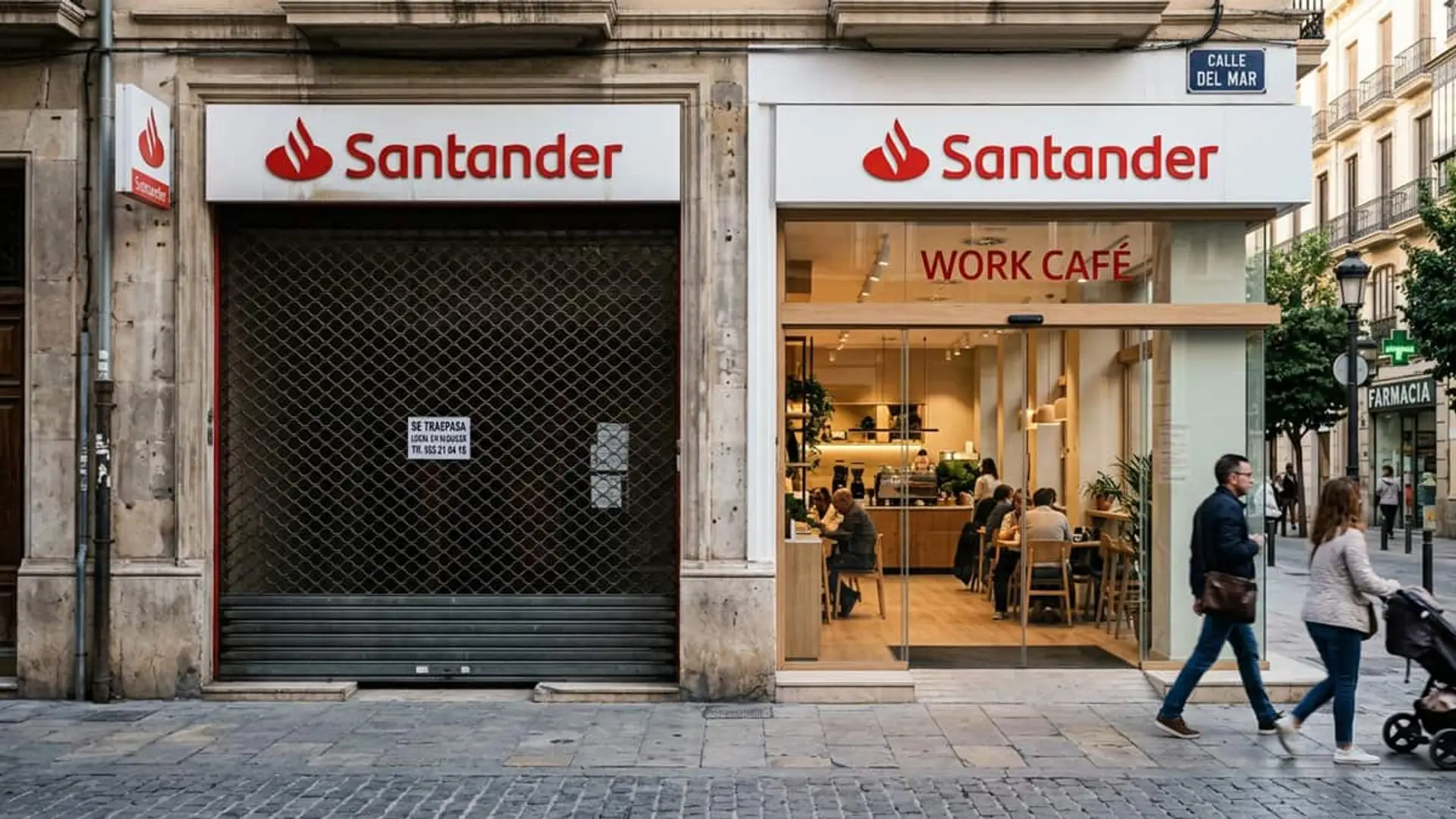 Oficina de Banco Santander cerrada junto a un establecimiento Work Café abierto en una calle urbana