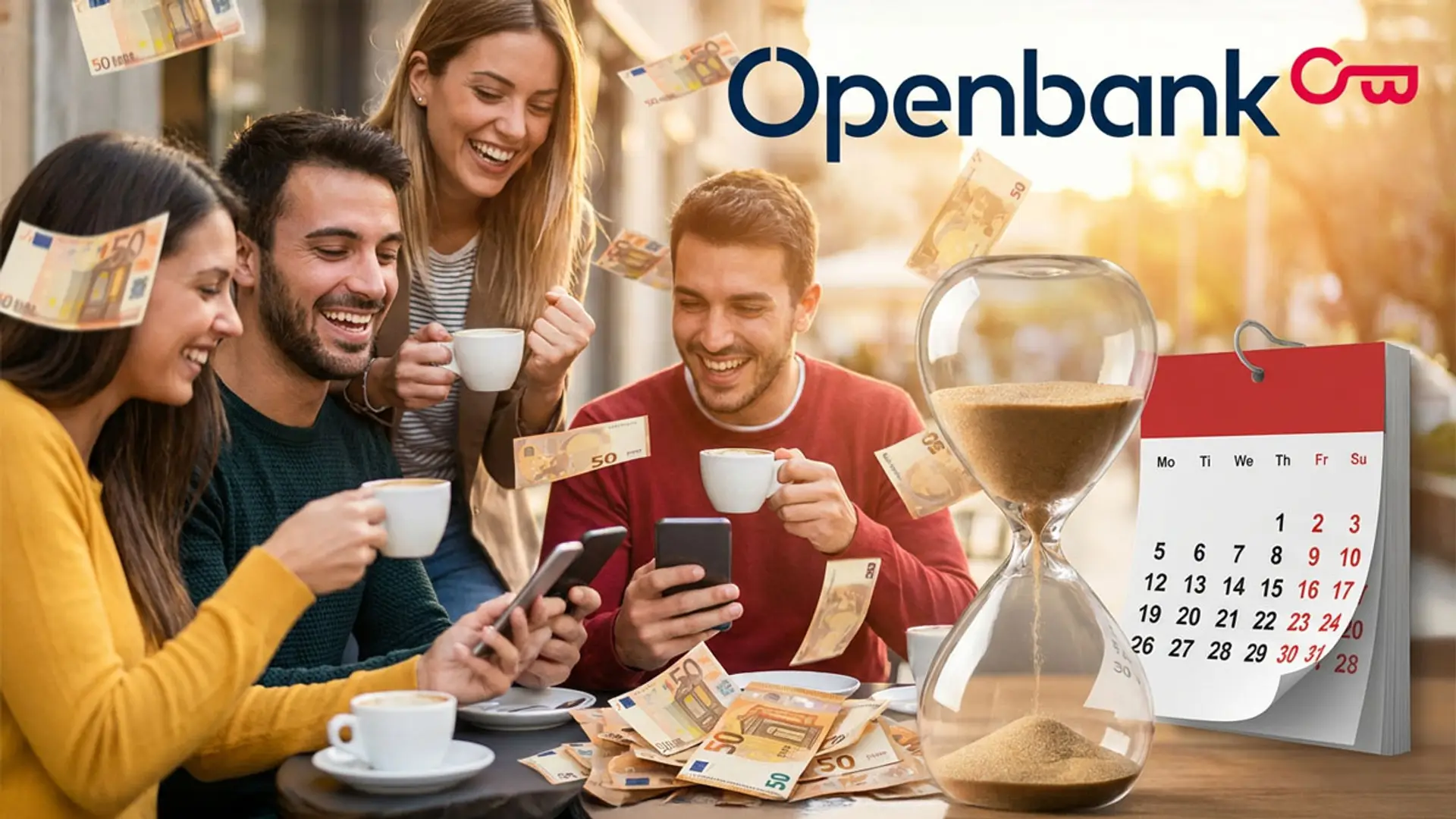 Grupo de amigos con móviles celebrando lluvia de billetes de 50€ con logo Openbank y reloj de arena.