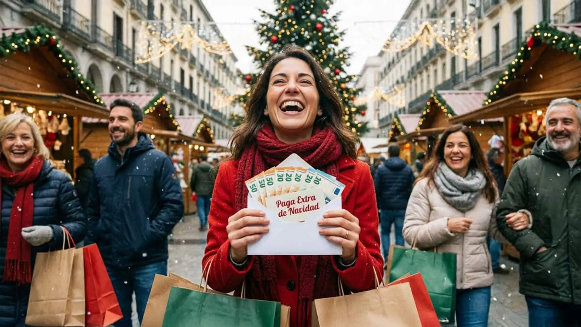 ¿Qué hacer con la paga extra de Navidad? Experto da las claves para sacarle el máximo partido Persona sonriente mostrando la paga extra de Navidad mientras hace compras en un mercado navideño