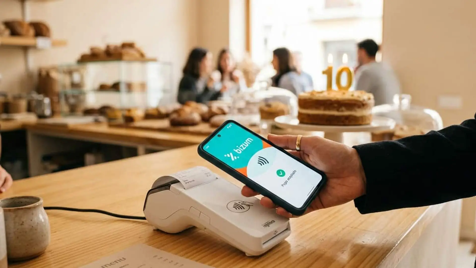 Bizum cumple 10 años: de pagar entre amigos a casi 6.000 millones de operaciones y el pago en tienda Mano sosteniendo un teléfono móvil con Bizum y un pago realizado frente a un datáfono en una pastelería, con una tarta con velas del número 10 al fondo.