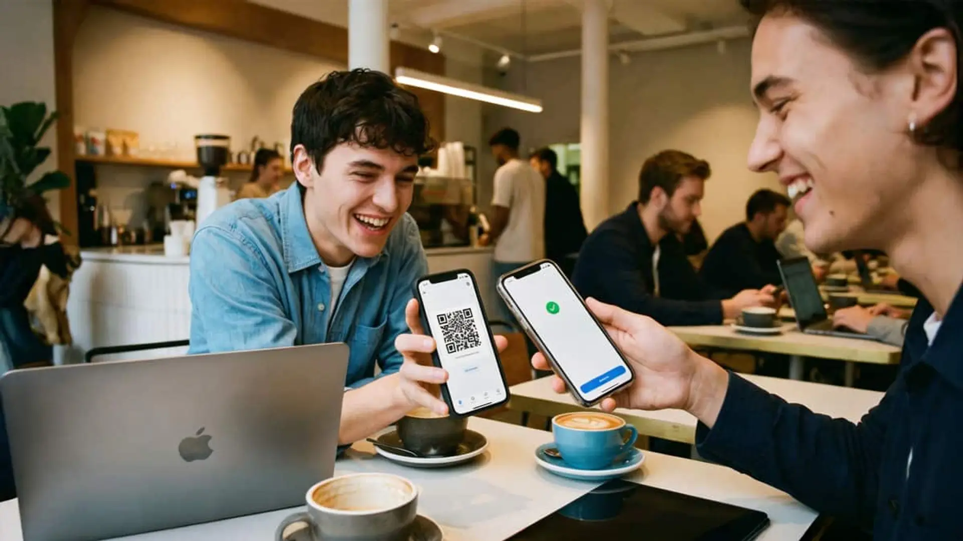 Revolut, MyInvestor e ING ya captan el 6% de los nuevos depósitos mientras BBVA y CaixaBank blindan su estrategia online Dos jóvenes realizando un pago móvil entre amigos en una cafetería con códigos QR desde el smartphone.