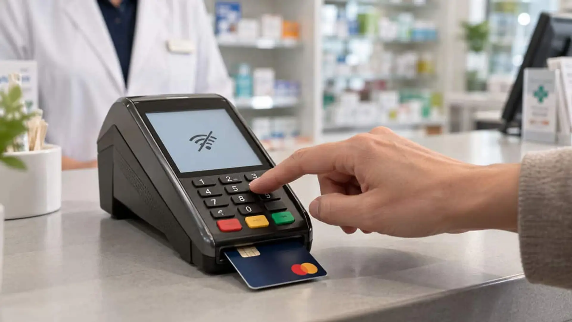 Pagar aunque falle la red: Mastercard llevará el pago sin conexión a sus tarjetas nuevas en 2027 Mano introduciendo el PIN en un datáfono con una tarjeta Mastercard insertada sobre el mostrador de una farmacia, con un farmacéutico al fondo.