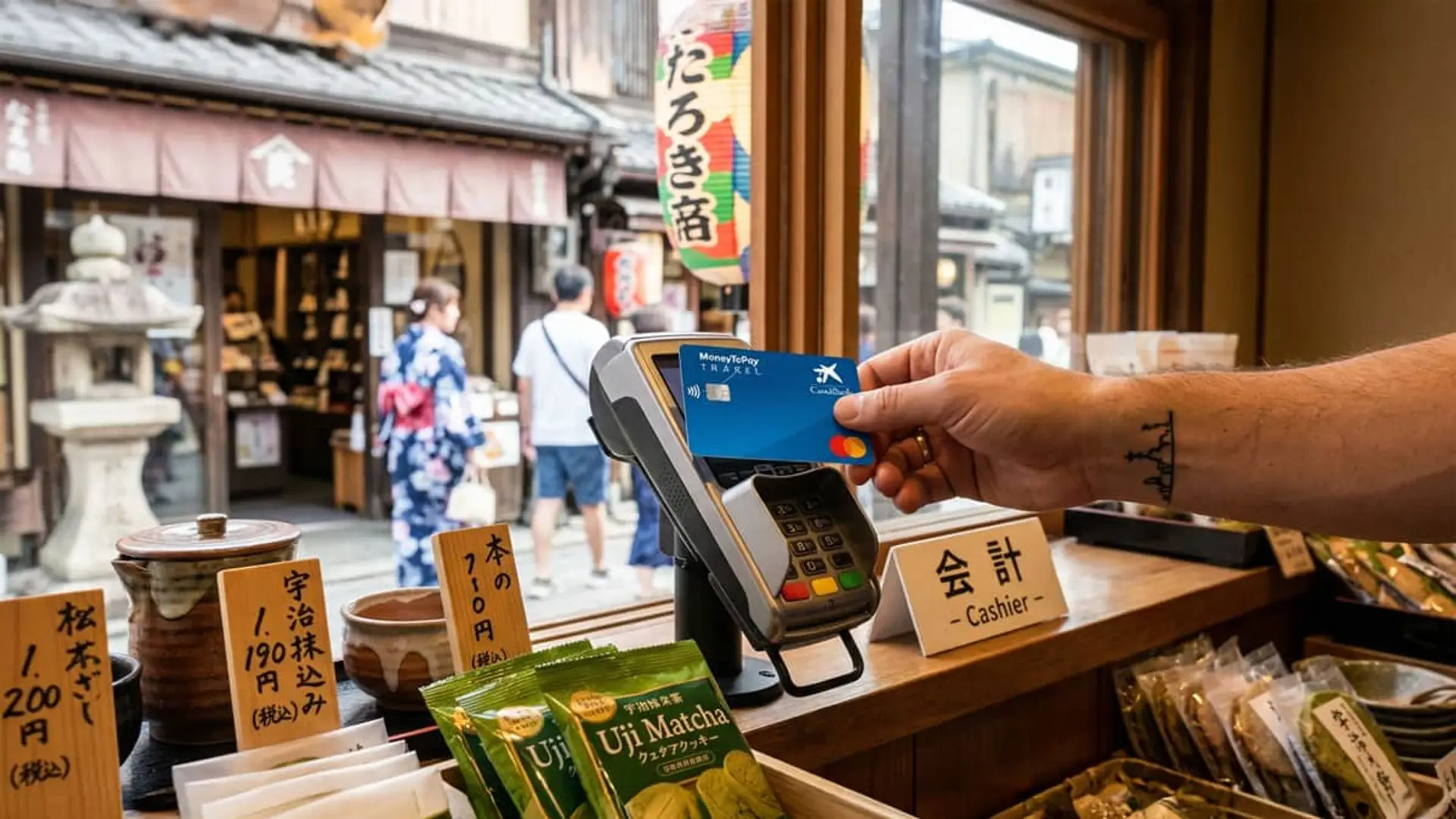 Persona realizando un pago con la tarjeta MoneyToPay de CaixaBank en el datáfono de un comercio durante un viaje al extranjero.