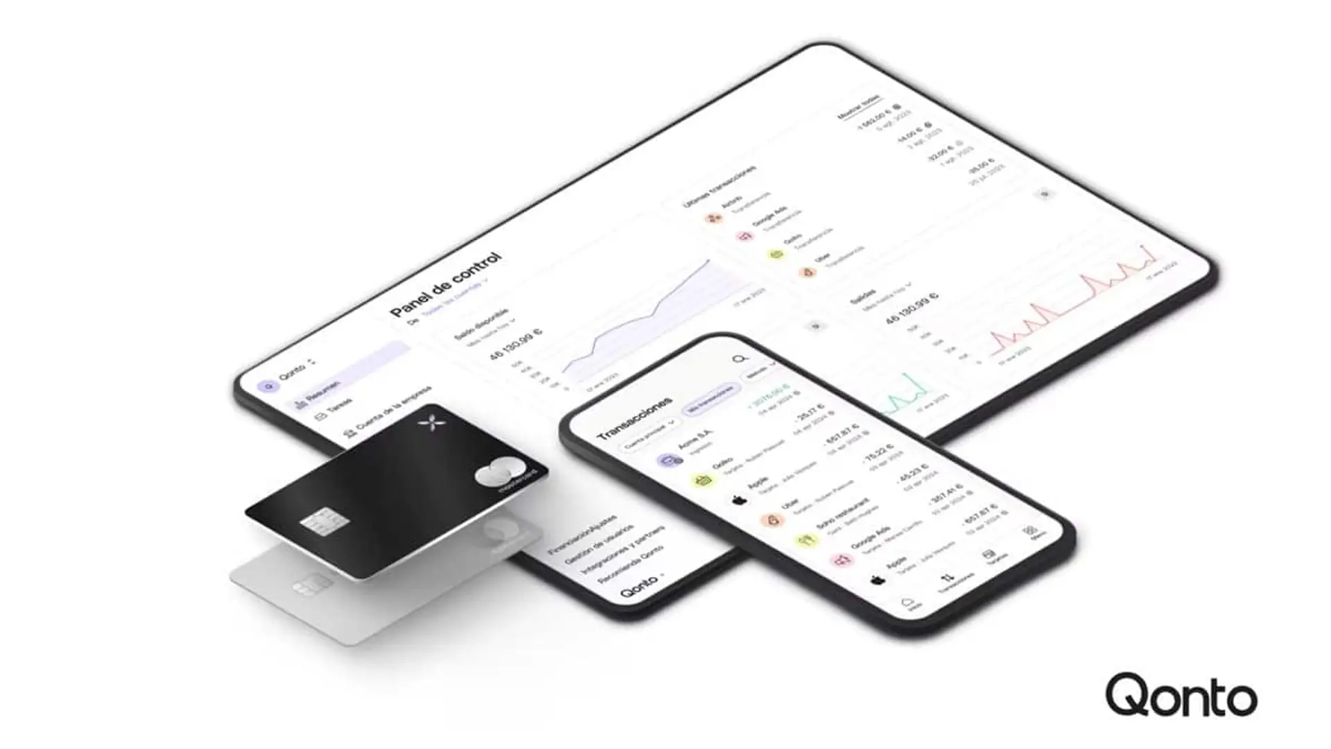 Si eres autónomo o tienes una pyme, Qonto acaba de activar cashback automático: te explicamos los tramos Panel de control de Qonto mostrado en una tablet y un móvil junto a dos tarjetas
