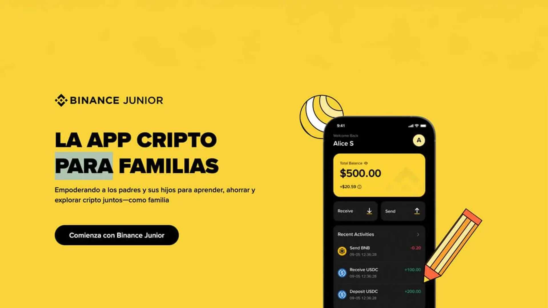 Pantalla promocional de Binance Junior con fondo amarillo, texto La app cripto para familias y un móvil mostrando saldo y app.