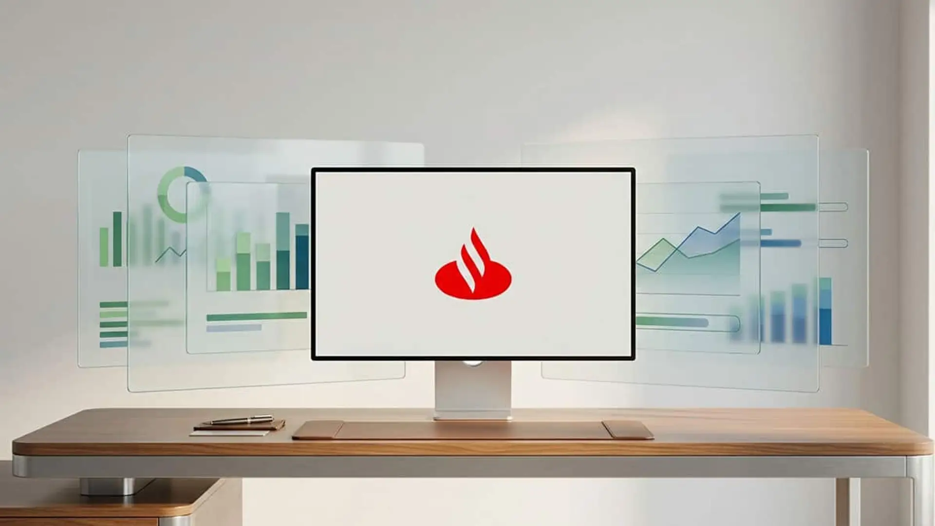 El Santander une tu dinero de varios bancos en una sola vista, gratis desde 2 millones Pantalla con el logo de Santander y gráficos financieros en una oficina