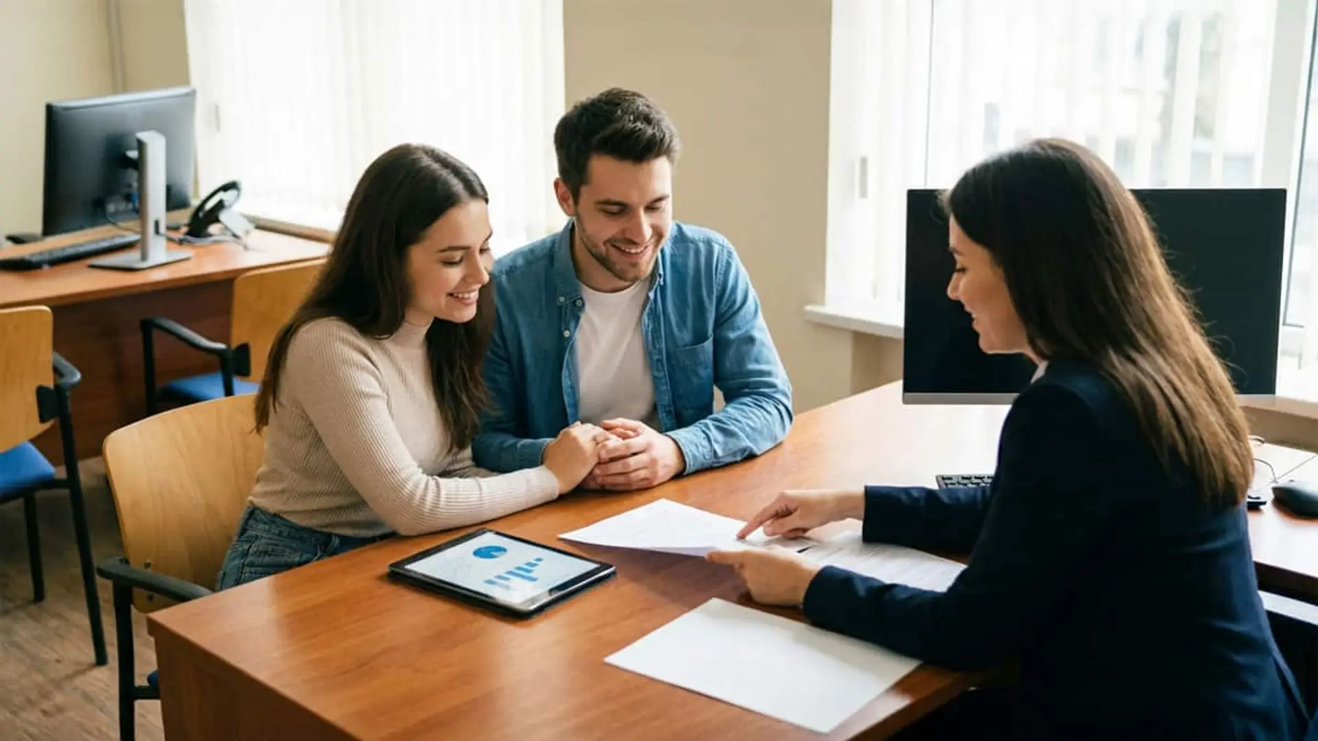 Pareja joven reunida con una asesora bancaria mientras revisan condiciones de una hipoteca en una oficina.