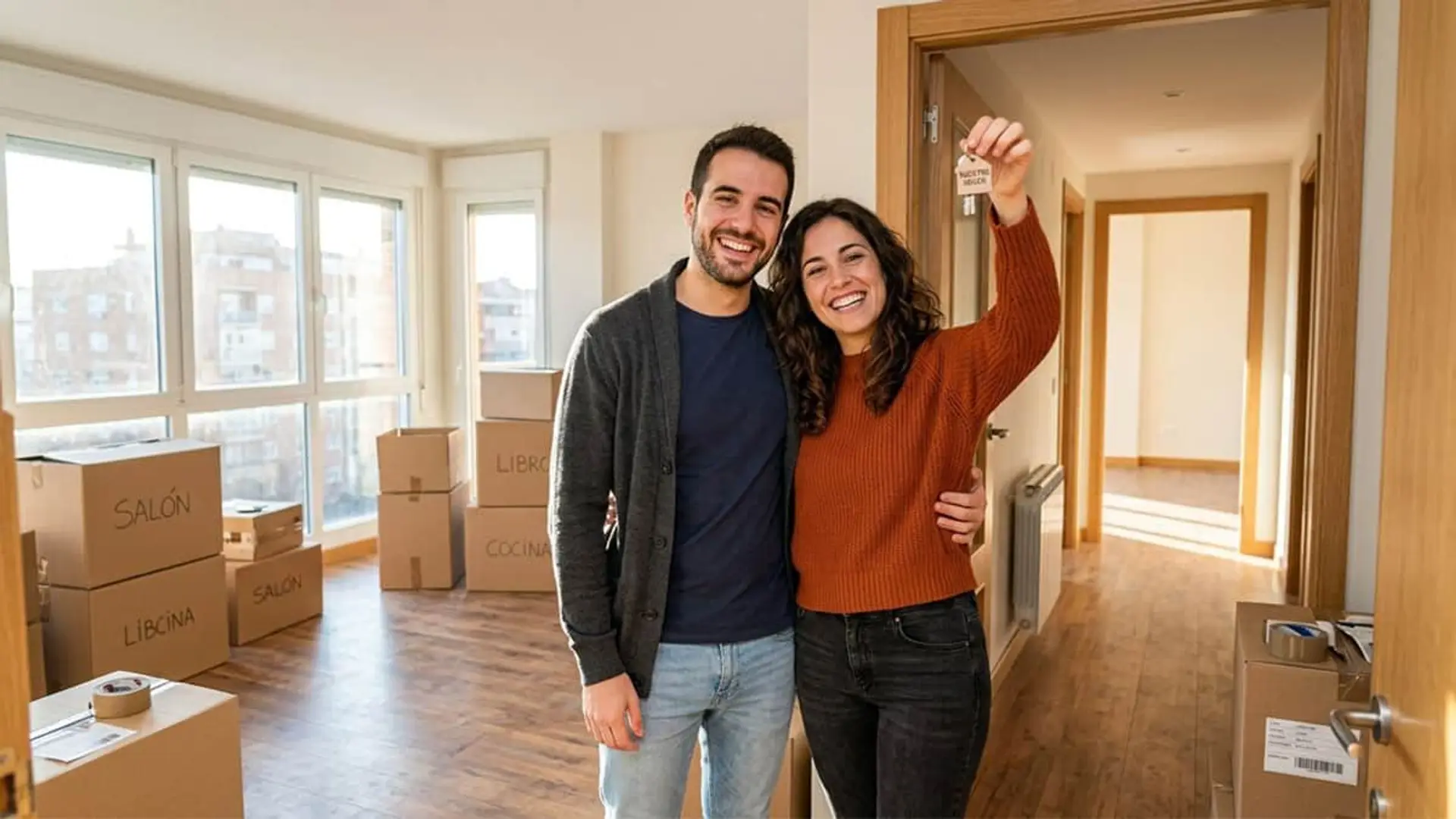 Así está el aval ICO para hipoteca joven en 2026: 10.453 operaciones, prórroga hasta 2027 y una pausa que conviene entender Pareja joven sonriente en su nuevo piso, sosteniendo las llaves de la vivienda rodeados de cajas de mudanza