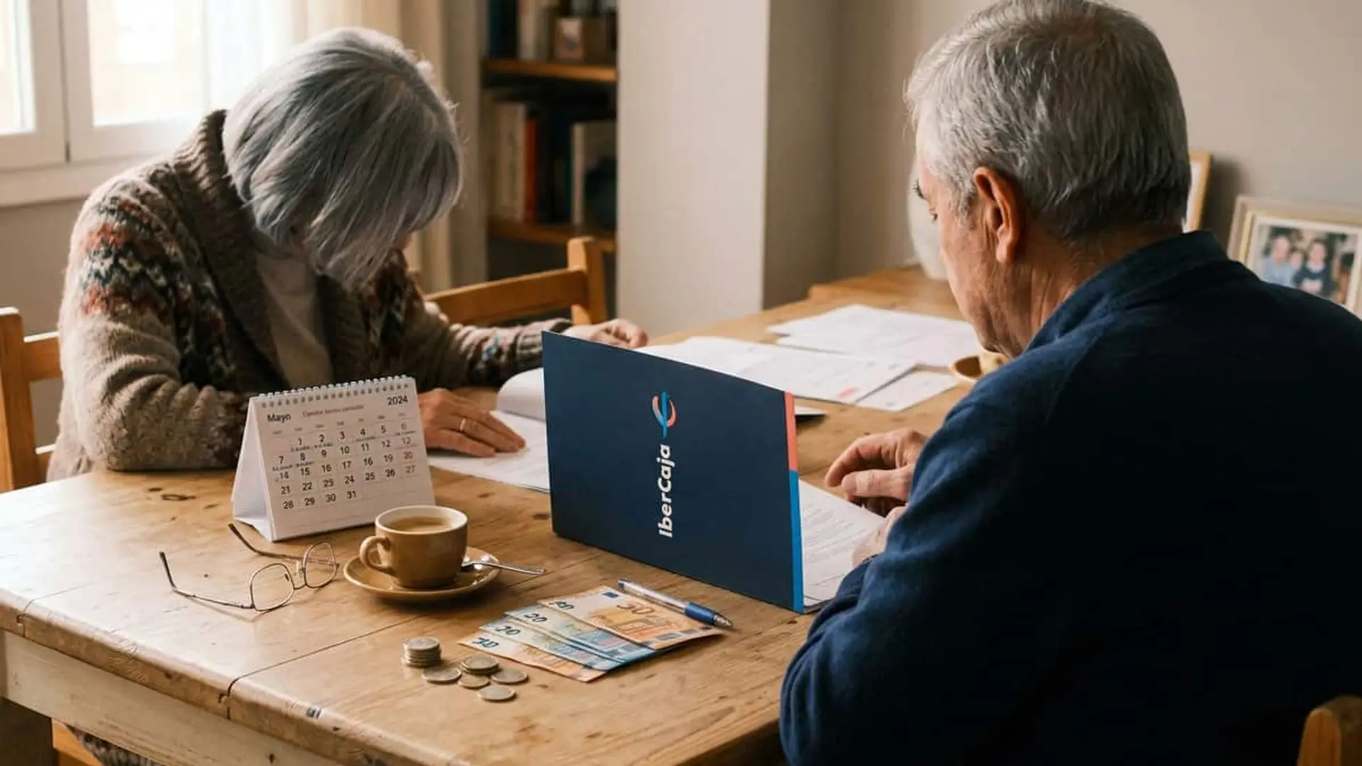 Rentas vitalicias de Ibercaja al 4%: cuánto cobraría un cliente de 65 años con 100.000 euros Pareja de personas mayores revisando documentos en una mesa junto a una carpeta de Ibercaja, billetes y monedas de euro