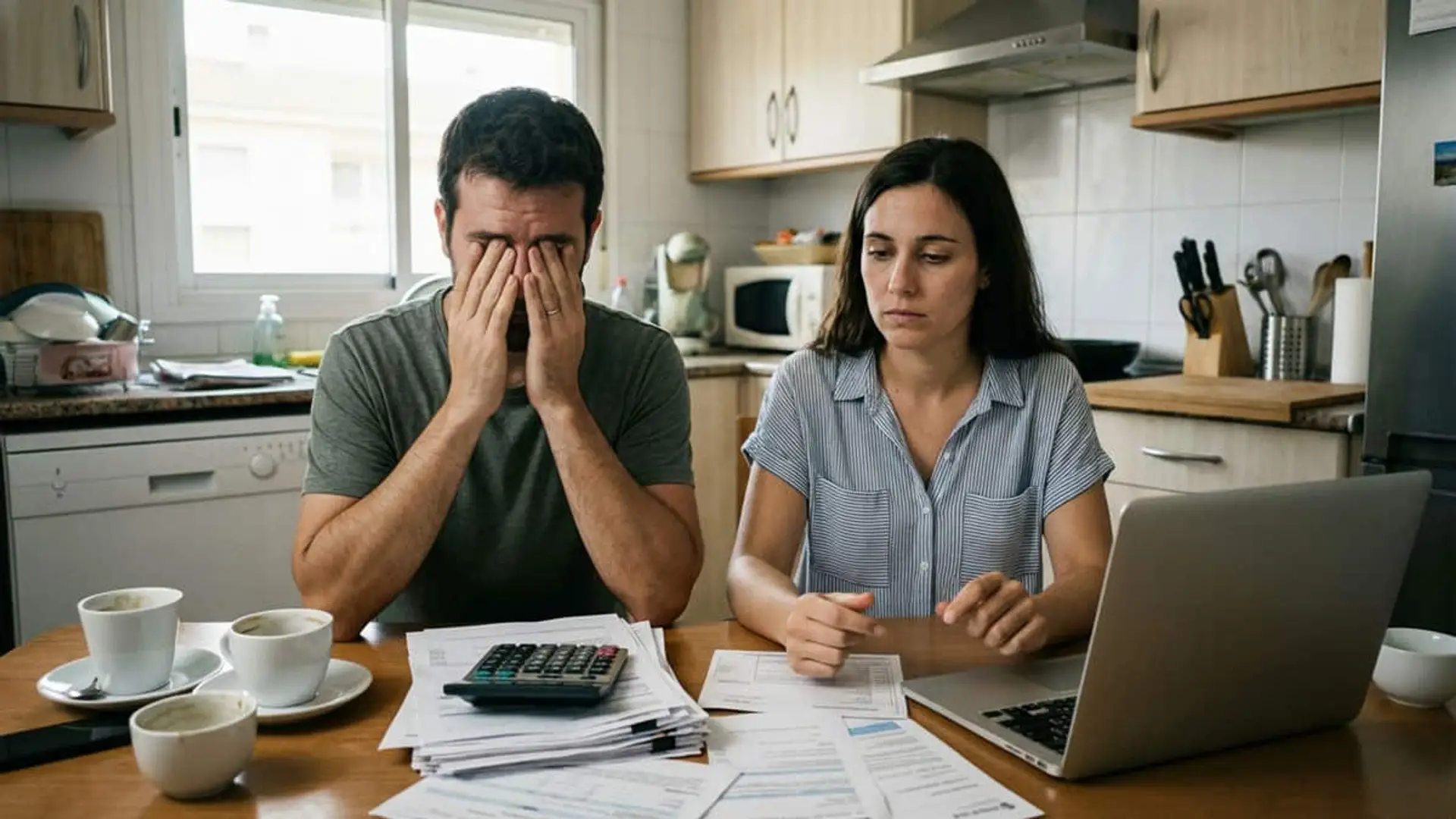 El euríbor sube al 2,217%: así afecta a tu hipoteca según la revisión que tengas Pareja joven con expresión de preocupación sentada a la mesa revisando facturas y cuentas bancarias en un portátil junto a una calculadora