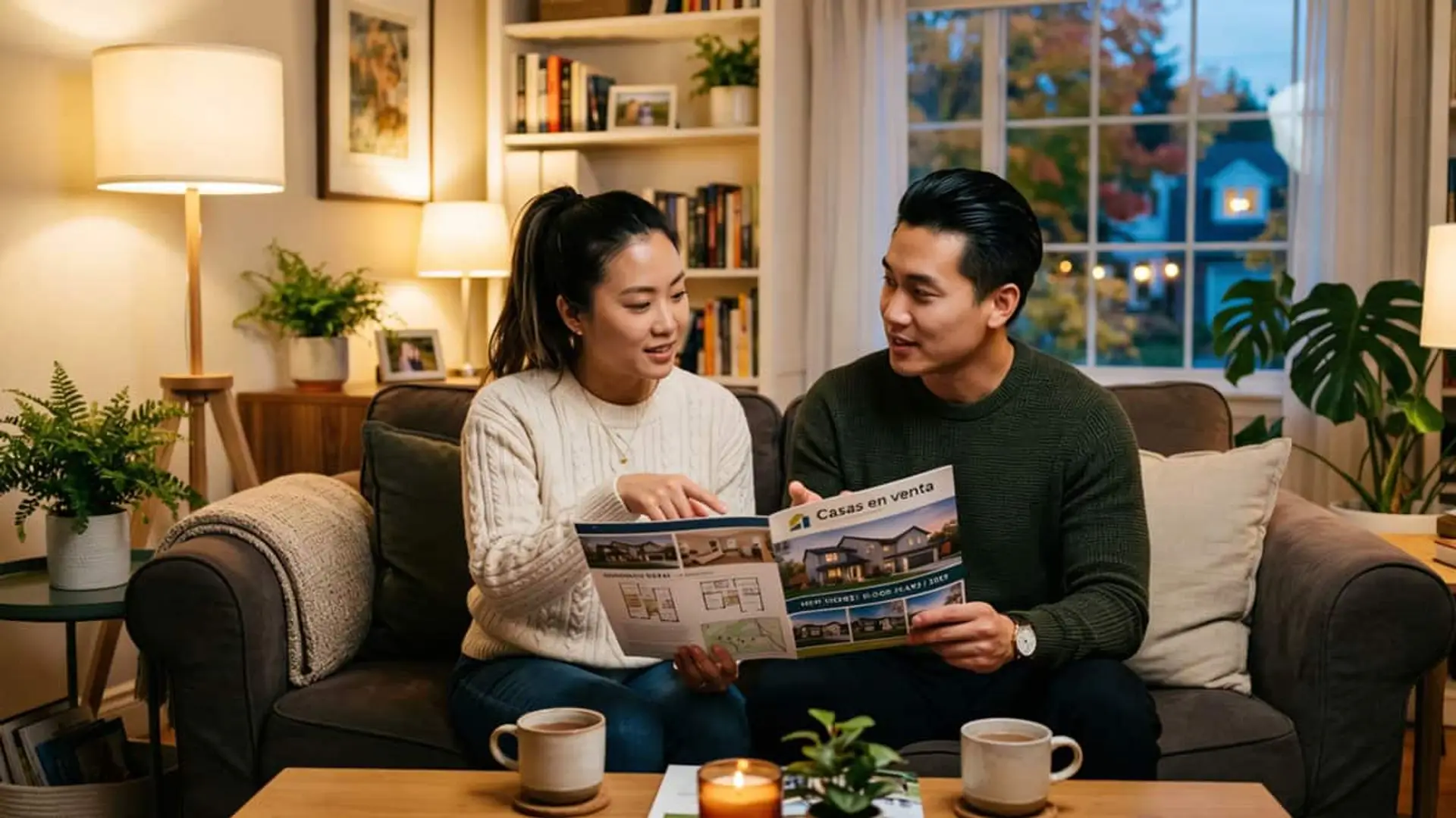 Pareja sentada en el sofá revisando un folleto de casas en venta en el salón de su hogar