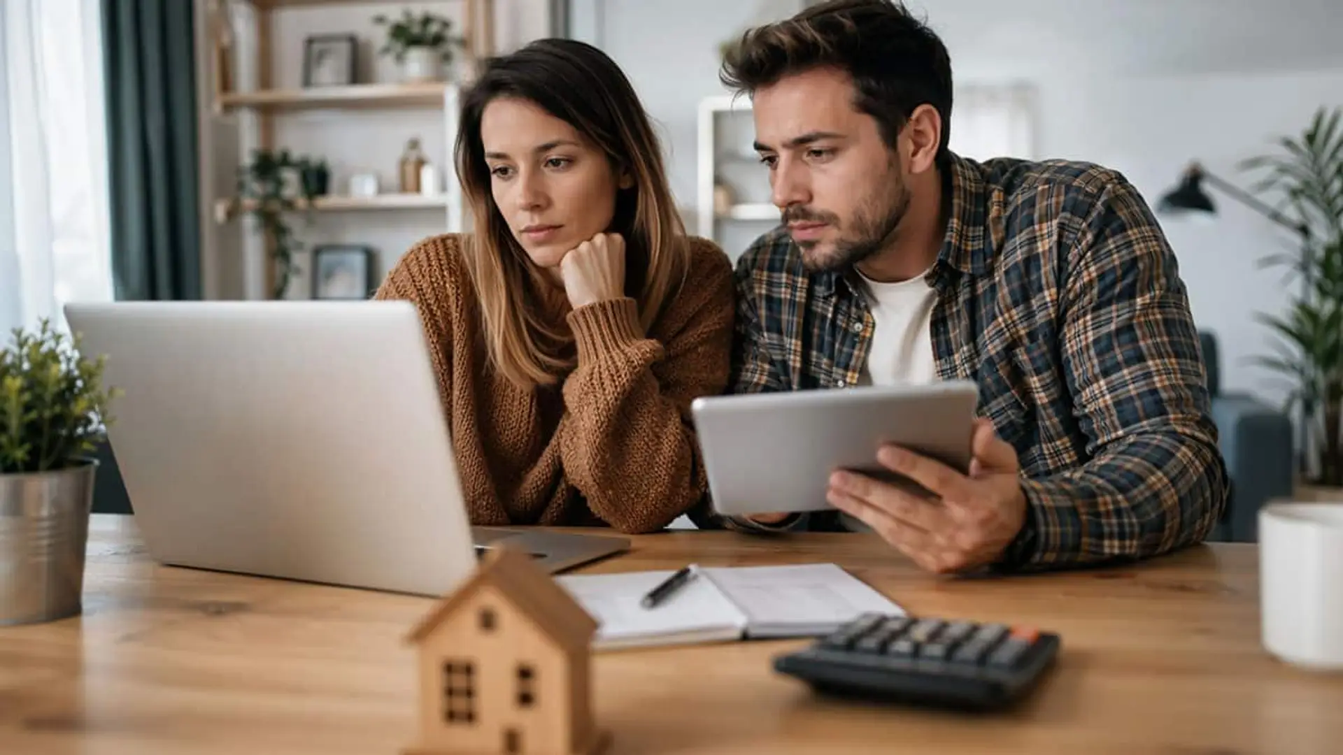 Pareja revisando documentación financiera en casa frente a un portátil, con una tablet, una calculadora y una maqueta de vivienda sobre la mesa