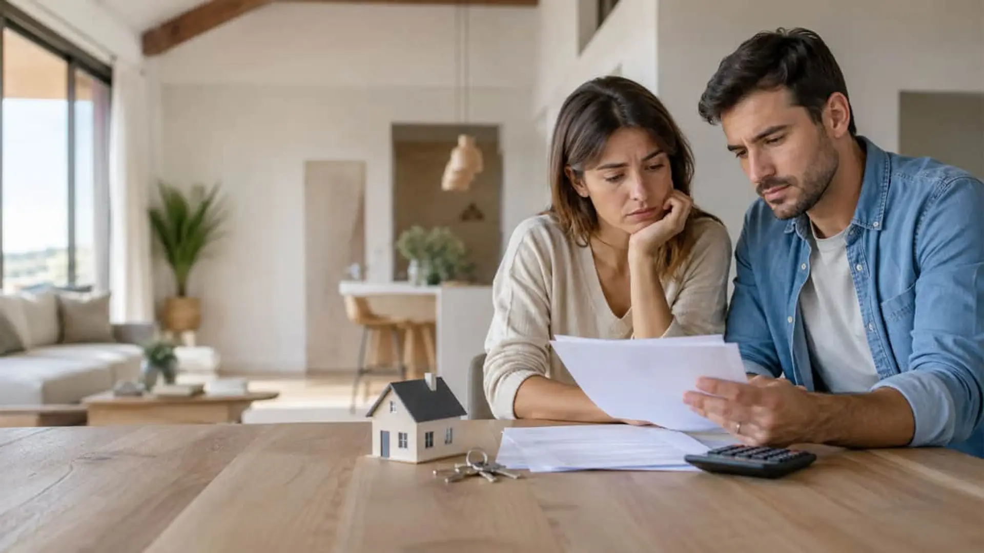 Se piden más hipotecas y más caras aunque bajan las ventas de casas Pareja revisando documentos de una hipoteca junto a una maqueta de vivienda, llaves y calculadora.