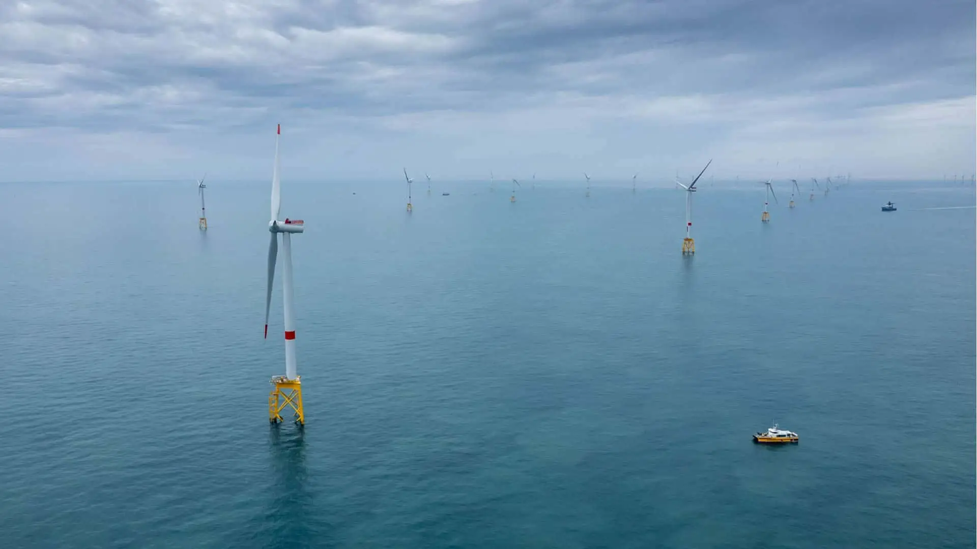 El BEI y CaixaBank inyectan 50 millones de euros para impulsar la energía eólica marina en España Parque eólico marino con aerogeneradores instalados en el mar frente a la costa.