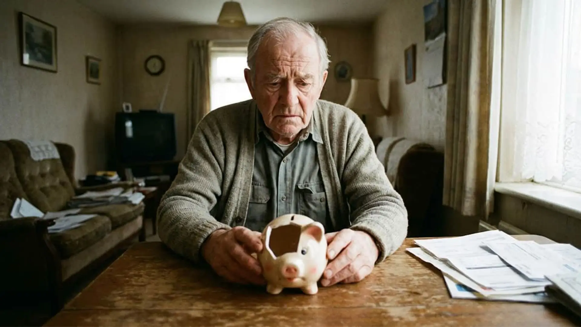 El dato alarmante: la mitad de los españoles no ahorra para la jubilación y solo el 13% confía en vivir con la pensión pública Hombre mayor preocupado mirando una hucha rota. Representación de la falta de ahorro y dificultades económicas.