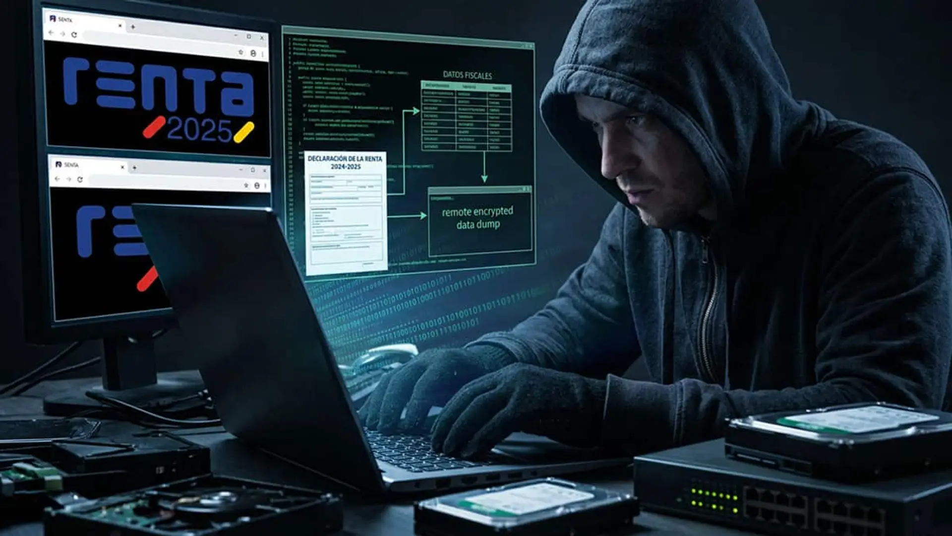 Persona encapuchada usando un ordenador portátil frente a varias pantallas con información de Renta 2025