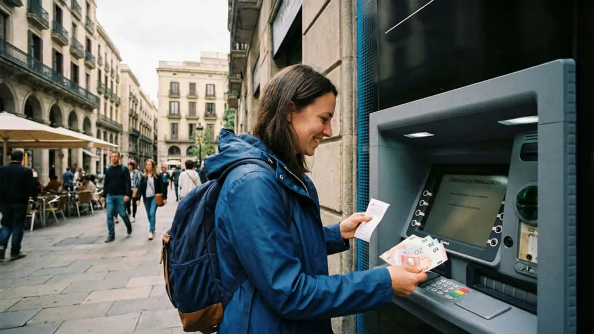 ¿Cuándo se cobra el paro en febrero de 2026? Las fechas en CaixaBank, Santander, BBVA, Bankinter, ING y más bancos Mujer joven sonriente sacando billetes de euro y recibo en un cajero automático en la calle.