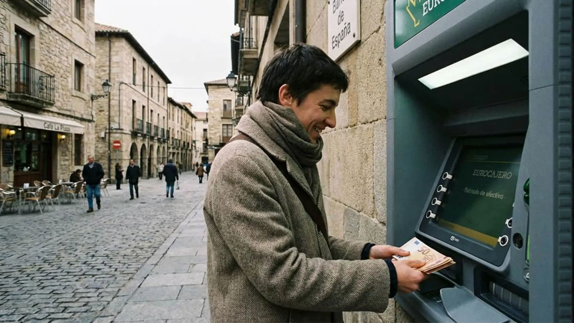 Cuándo se cobra el paro en diciembre de 2025: fechas del Santander, BBVA, CaixaBank, Unicaja, ING y otros bancos Hombre sonriente sacando dinero en efectivo de un cajero automático. Cliente retirando billetes de euro en la calle.