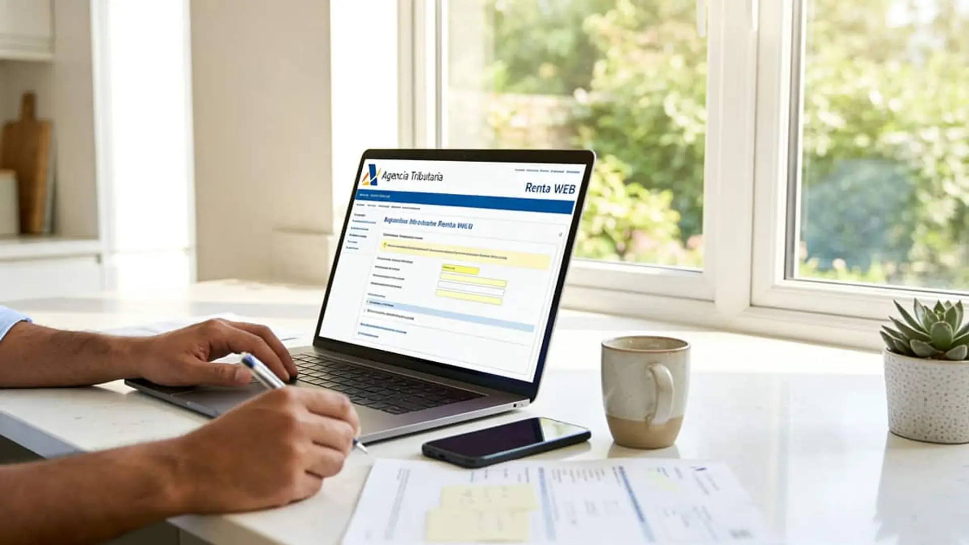 Persona usando Renta Web de la Agencia Tributaria en un portátil sobre una mesa con documentos, móvil y una taza