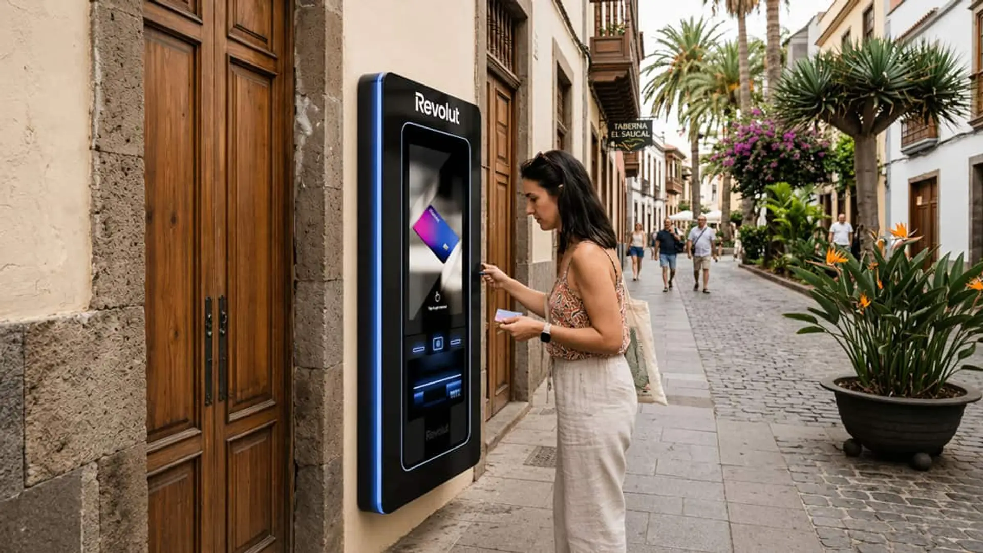 Más cajeros, tienda física y Canarias: Revolut quiere seguir creciendo en España este 2026 Persona utilizando un cajero de Revolut instalado en la fachada de un edificio en una calle peatonal